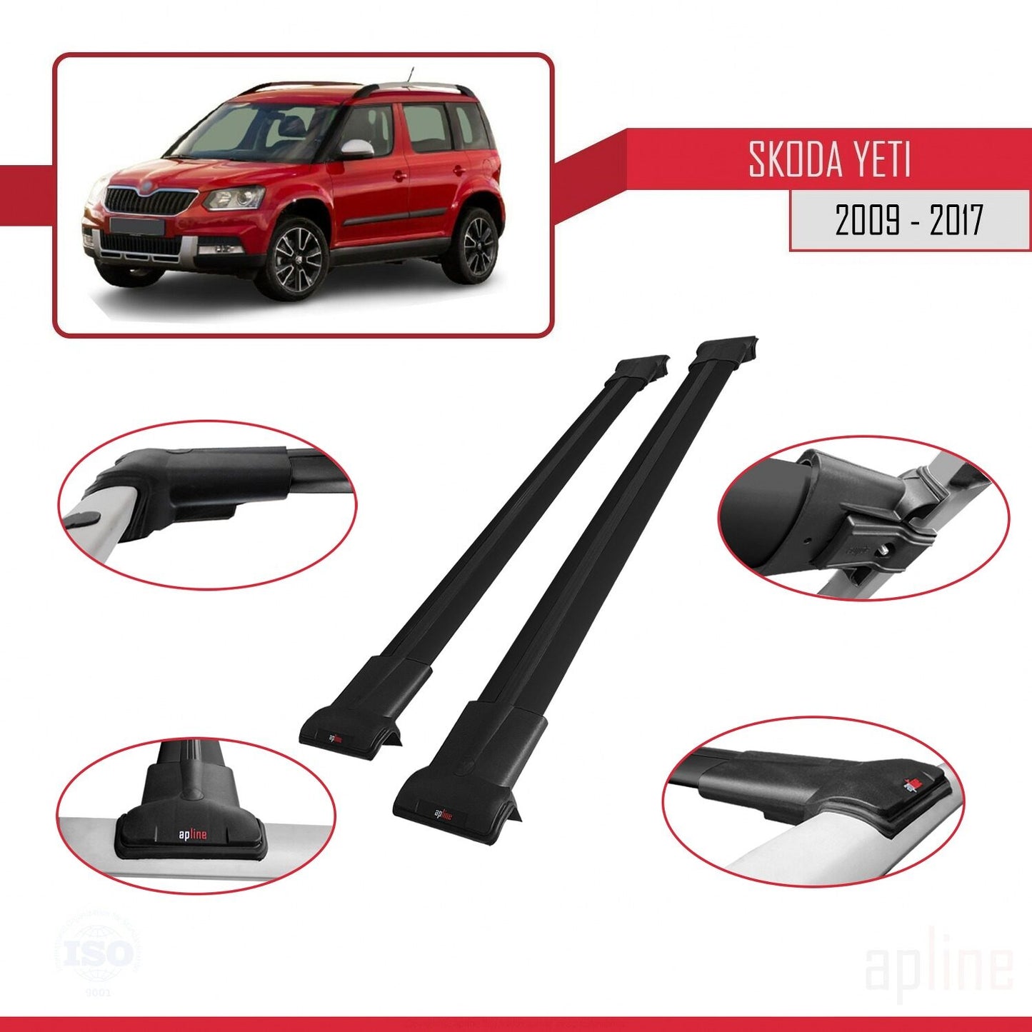 Compatible avec Skoda Yeti 2009-2017 FLY Model Barres de Toit Railing Porte-Bagages de Voiture Noir Aluminium 2 Barres