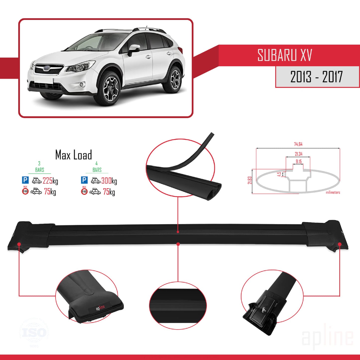 Compatible avec Subaru XV 2013-2017 FLY Model Barres de Toit Railing Porte-Bagages de Voiture Noir Aluminium 3 Barres