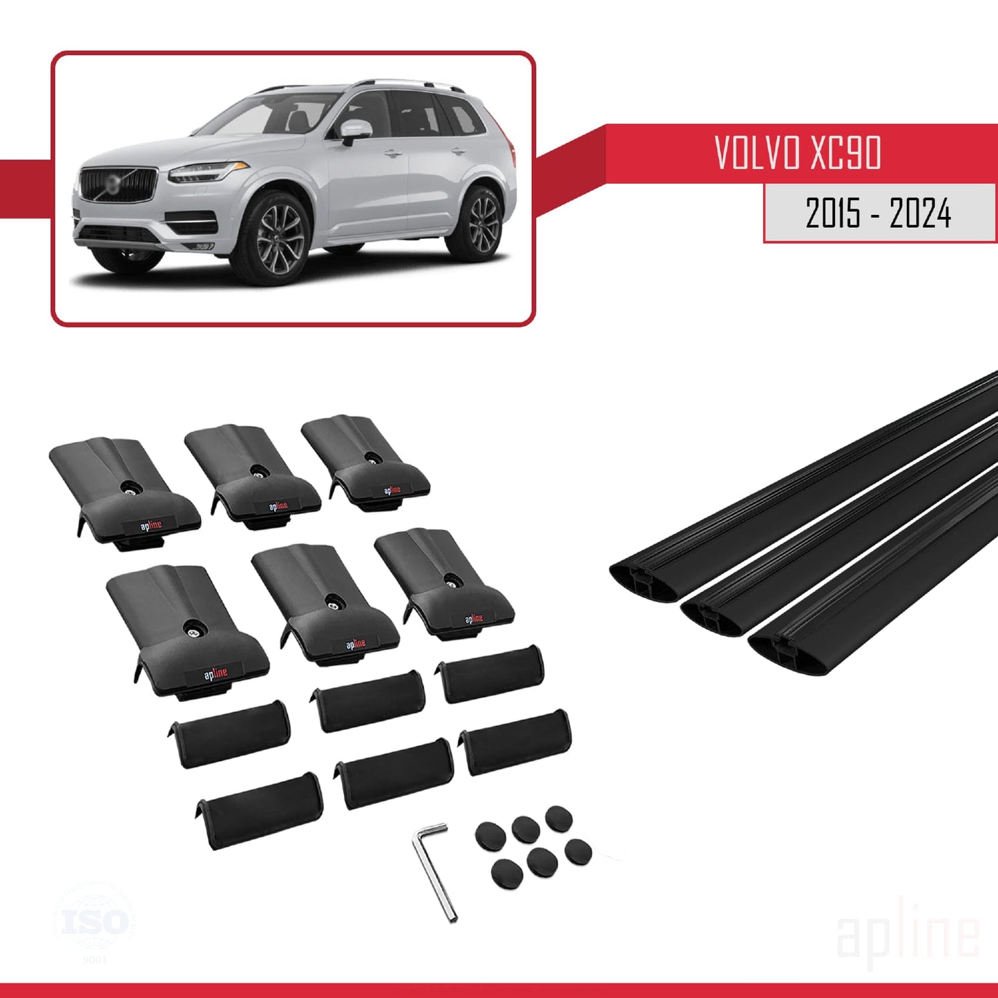 Compatible avec Volvo XC90 II 2015-2025 FLY Model Barres de Toit Railing Porte-Bagages de Voiture Noir Aluminium 3 Barres