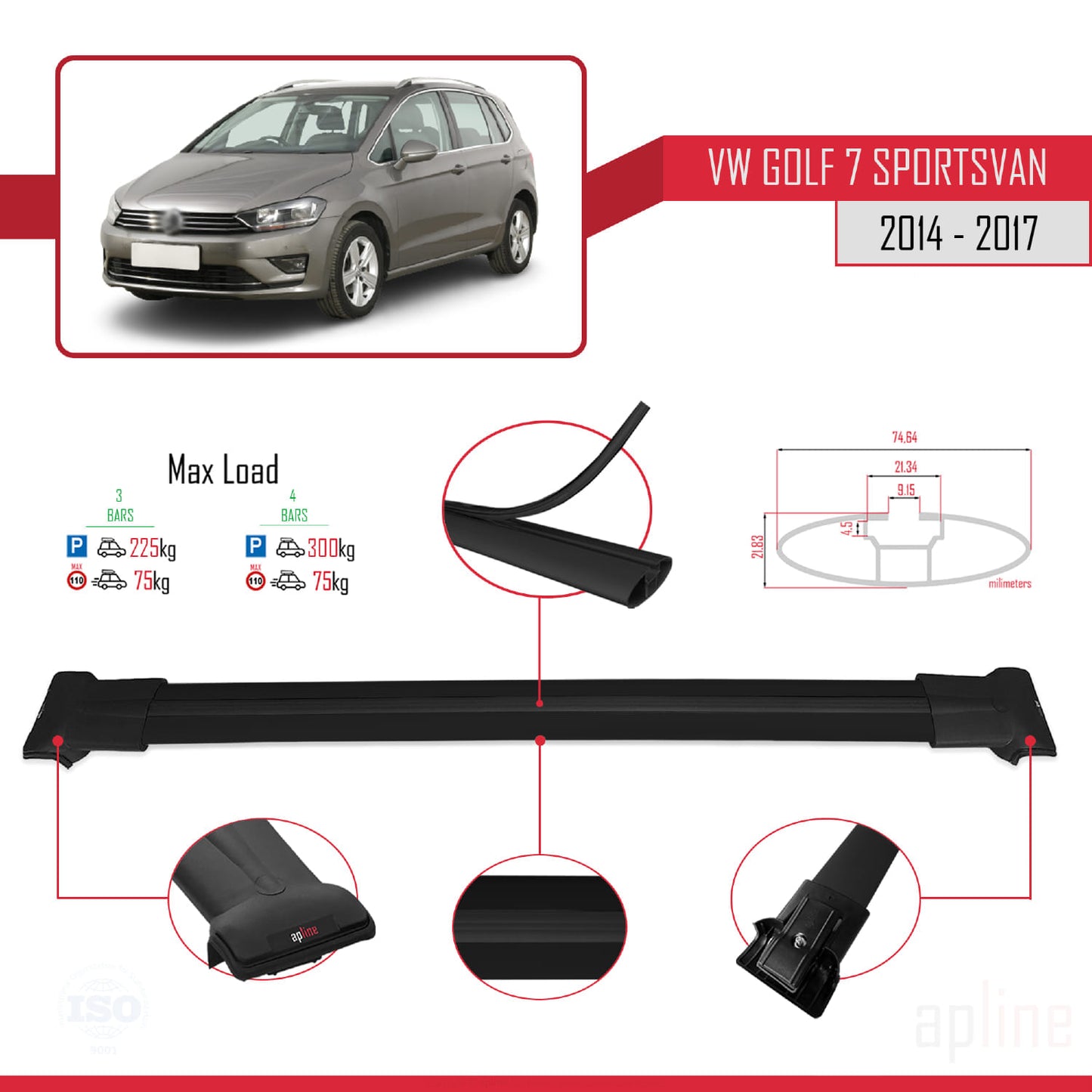 Compatible avec Volkswagen Golf Sportvan 2014-2017 FLY Model Barres de Toit Railing Porte-Bagages de Voiture Noir Aluminium 3 Barres