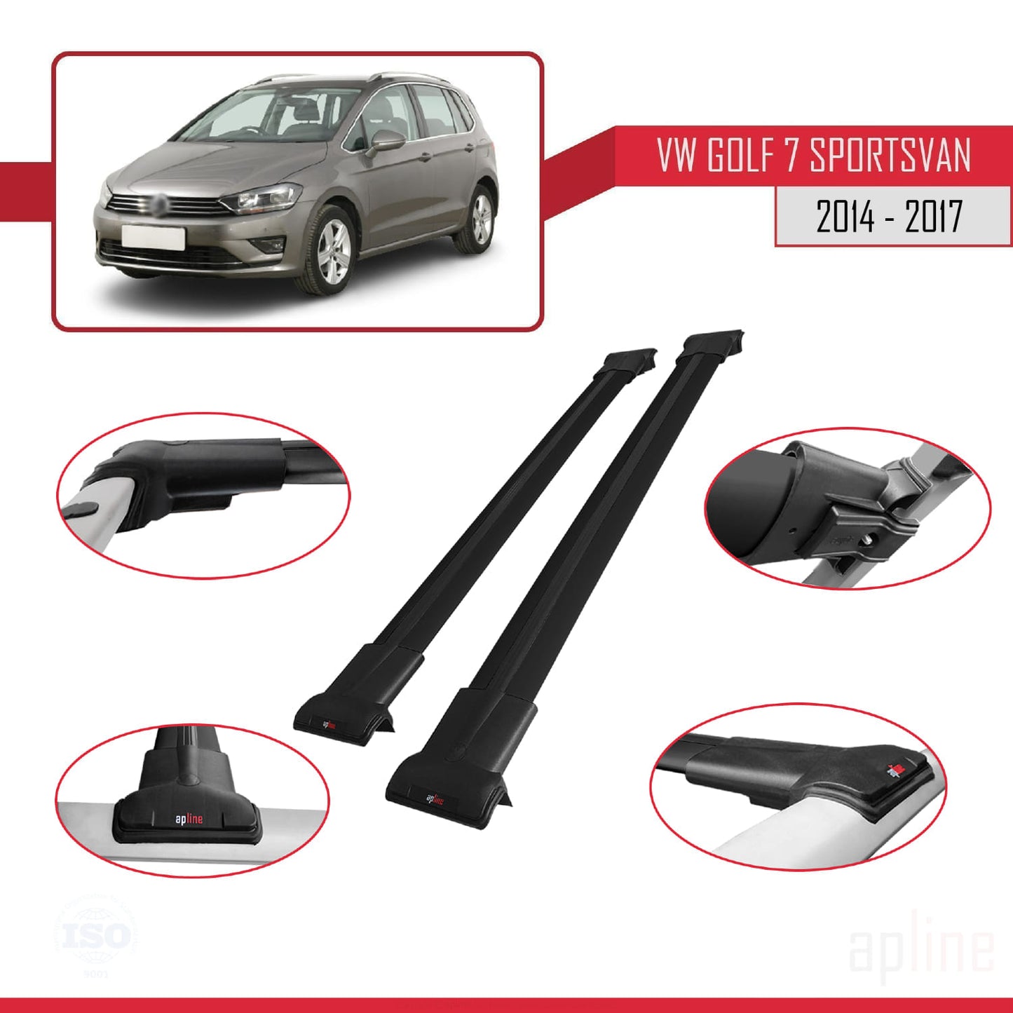Compatible avec Volkswagen Golf Sportvan 2014-2017 FLY Model Barres de Toit Railing Porte-Bagages de Voiture Noir Aluminium 2 Barres
