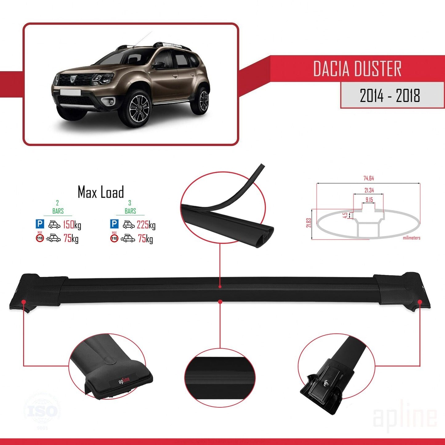 Compatibile con Dacia Duster (HS) Post-Facelift 2014-2017 modello FLY Barre portatutto per auto Portapacchi in alluminio nero 2 barre