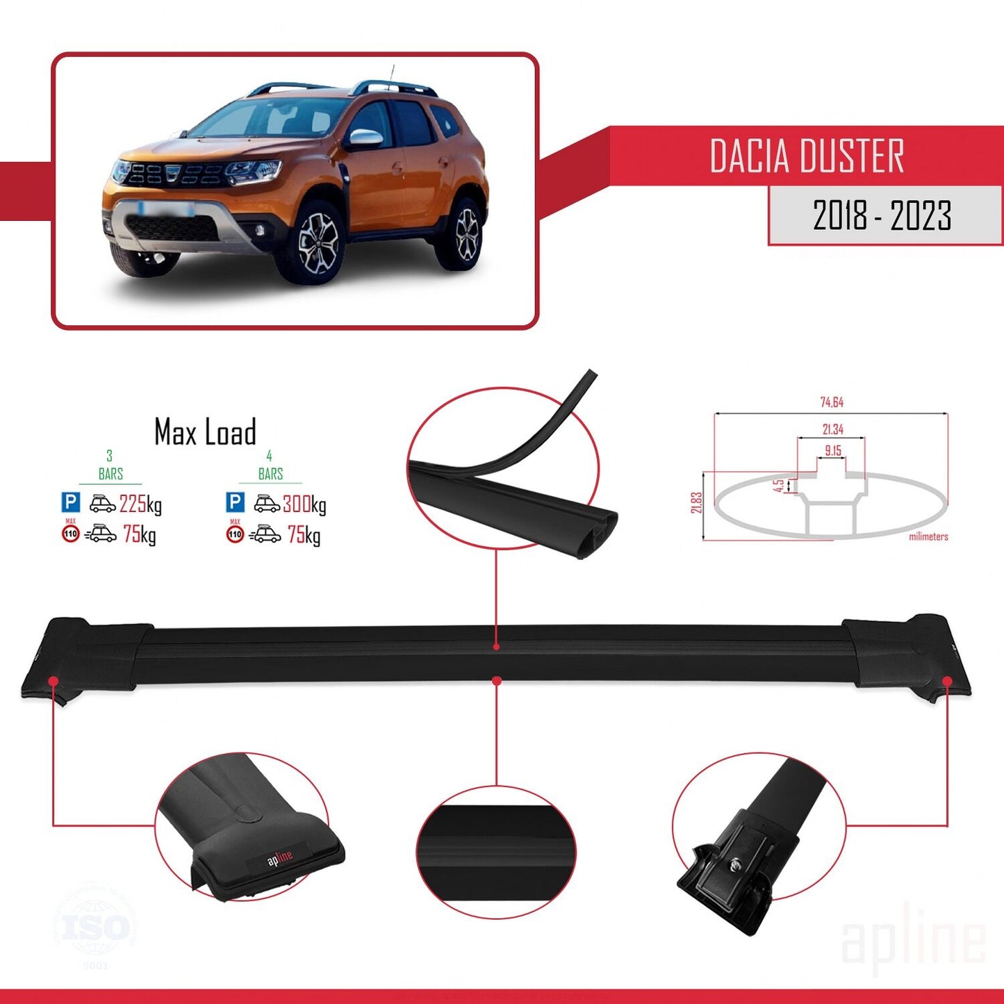 Compatibile con Dacia Duster 2 (HM) 2018-2024 modello FLY Barre portatutto per auto Portapacchi in alluminio nero 3 barre