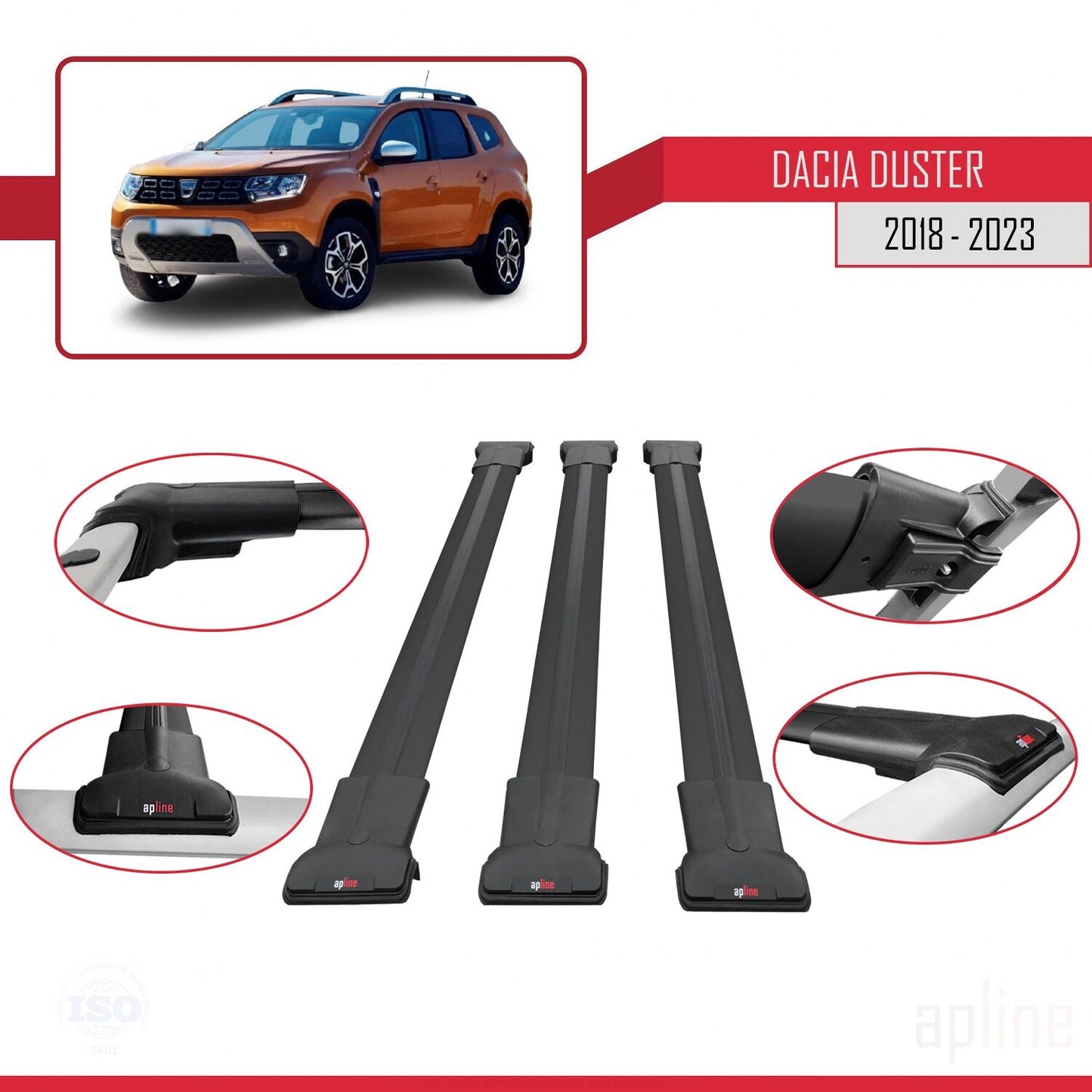 Compatibile con Dacia Duster 2 (HM) 2018-2024 modello FLY Barre portatutto per auto Portapacchi in alluminio nero 3 barre