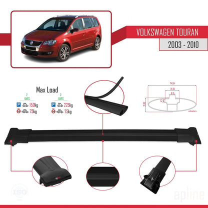 Compatible avec Volkswagen Touran (1T) Post-Facelift 2010-2015 FLY Model Barres de Toit Railing Porte-Bagages de Voiture Noir Aluminium 2 Barres
