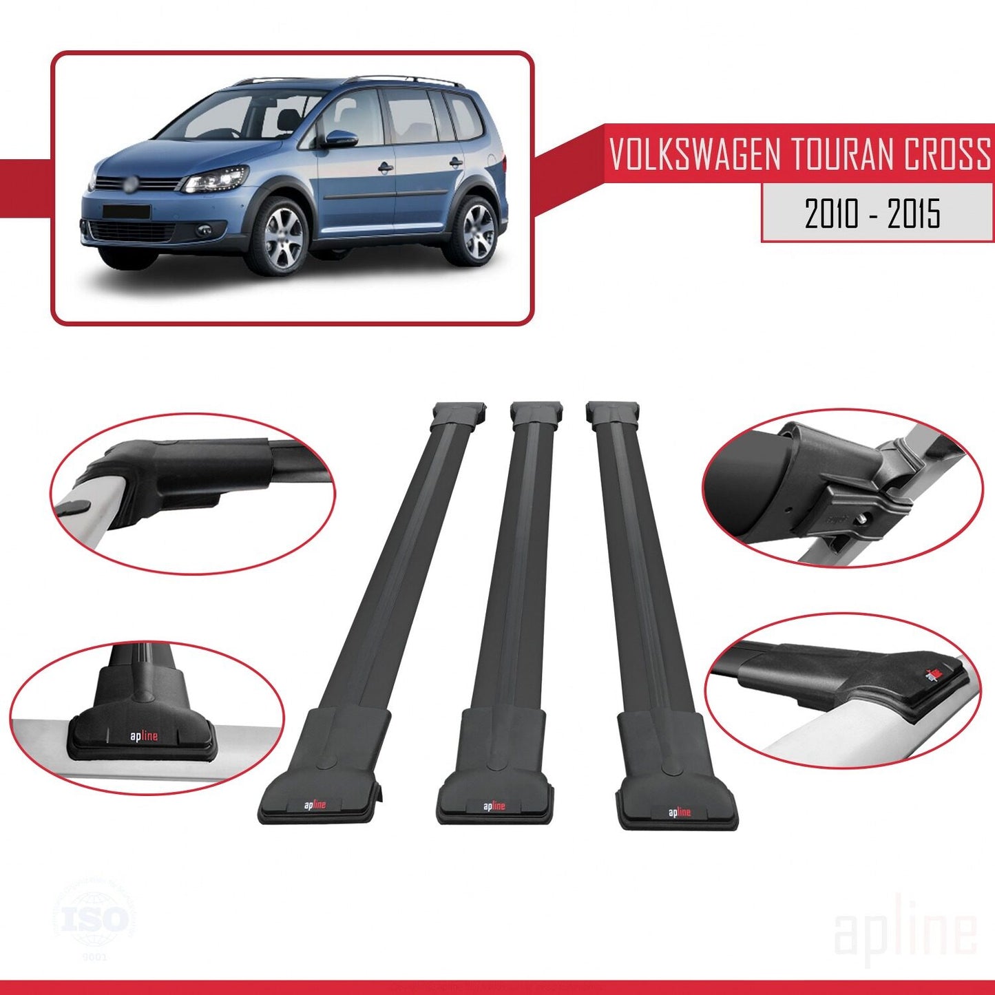 Compatible avec Volkswagen Touran Cross Post-Facelift 2010-2015 FLY Model Barres de Toit Railing Porte-Bagages de Voiture Noir Aluminium 3 Barres