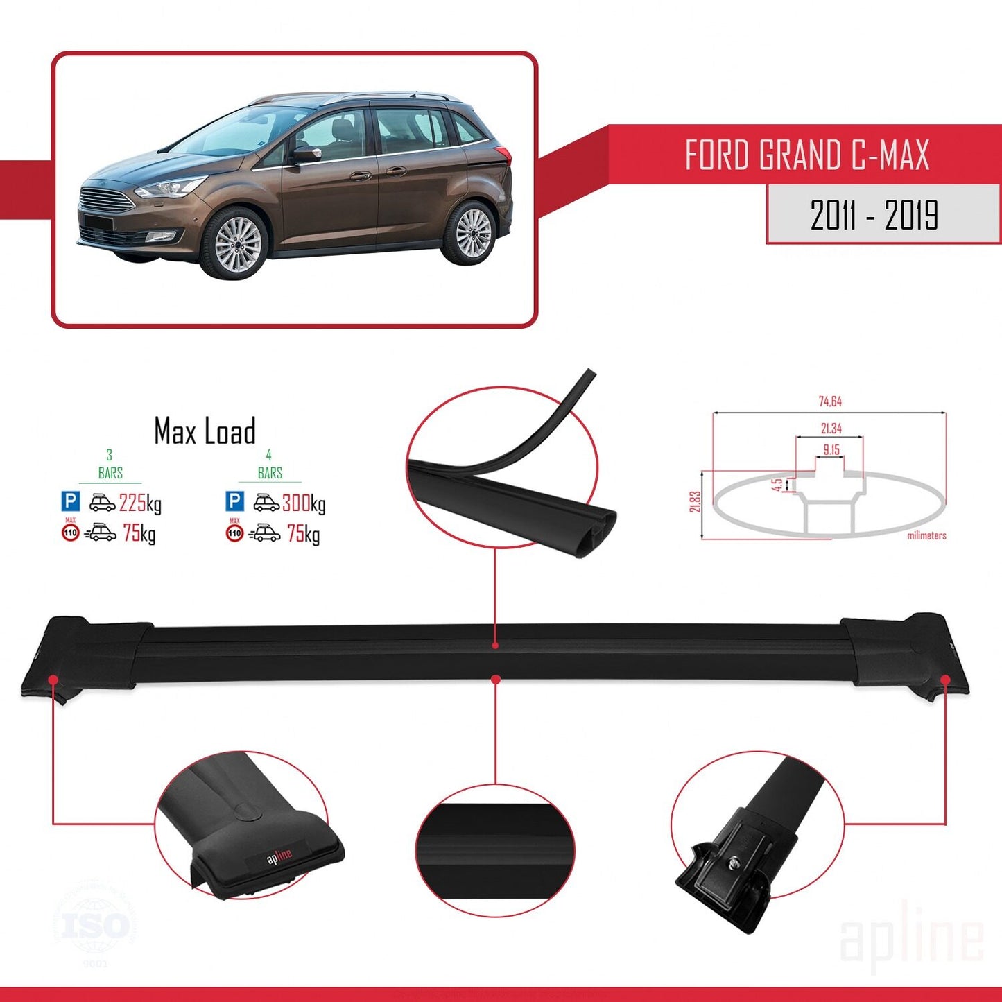 Compatibile con Ford Grand C-Max (C344) 2011-2019 modello FLY Barre portatutto per auto Portapacchi in alluminio nero 3 barre