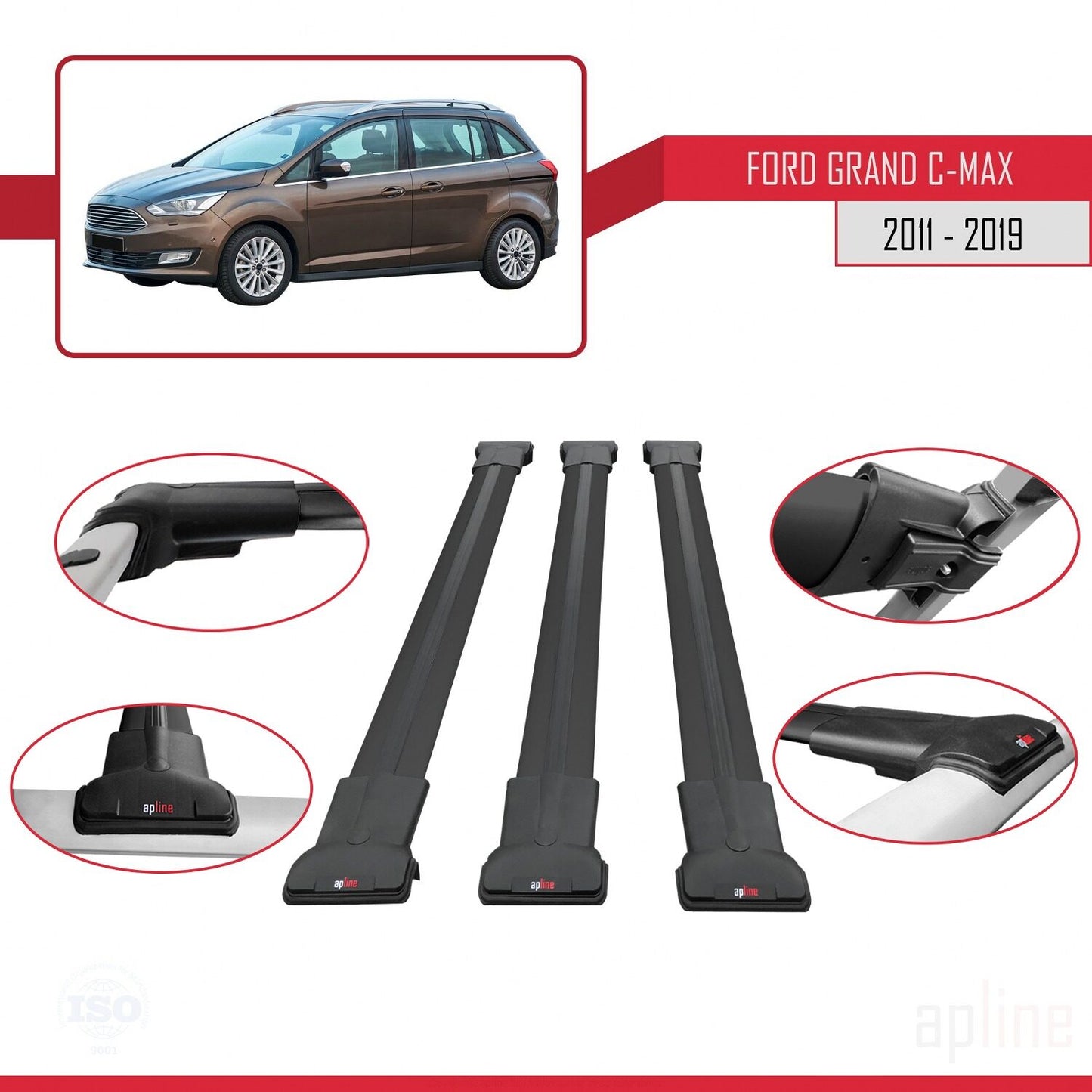 Compatibile con Ford Grand C-Max (C344) 2011-2019 modello FLY Barre portatutto per auto Portapacchi in alluminio nero 3 barre