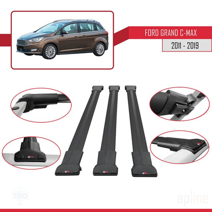 Compatibile con Ford Grand C-Max (C344) 2011-2019 modello FLY Barre portatutto per auto Portapacchi in alluminio nero 3 barre