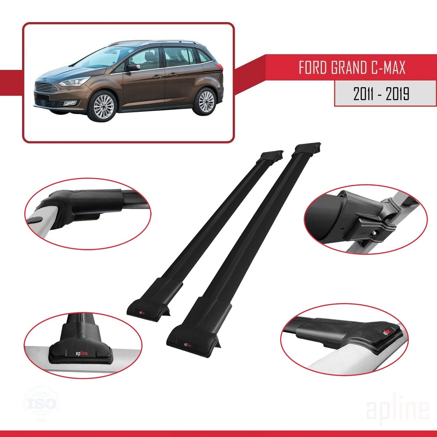 Compatibile con Ford Grand C-Max (C344) 2011-2019 modello FLY Barre portatutto per auto Portapacchi in alluminio nero 2 barre
