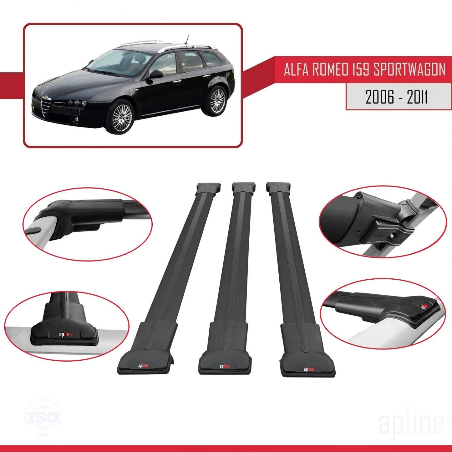Compatibile con Alfa Romeo 159 (T939) Station Wagon 2006-2011 Modello FLY Barre portatutto per auto Portapacchi in alluminio nero 3 barre
