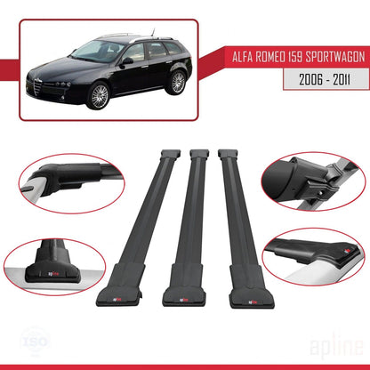 Compatibile con Alfa Romeo 159 (T939) Station Wagon 2006-2011 Modello FLY Barre portatutto per auto Portapacchi in alluminio nero 3 barre