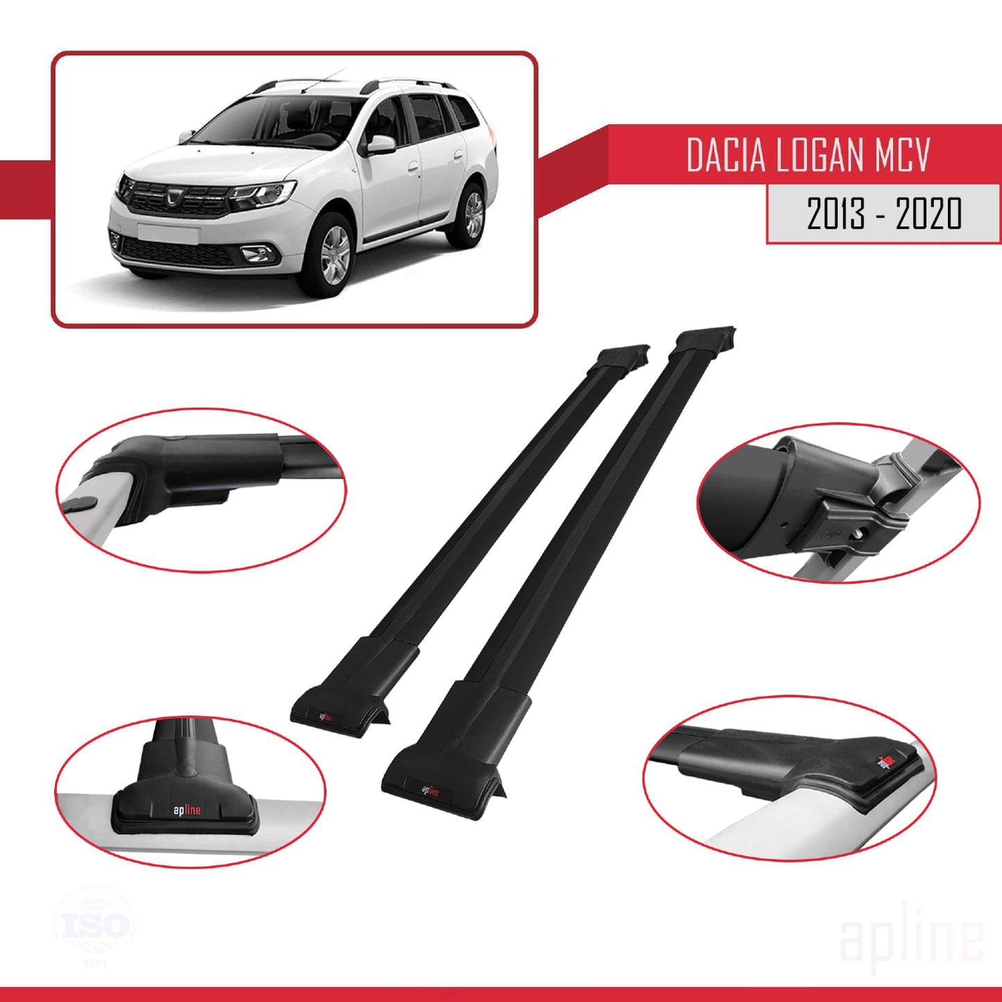 Compatibile con Dacia Logan 2 MCV (K52) 2013-2020 modello FLY Barre portatutto per auto Portapacchi in alluminio nero 2 barre