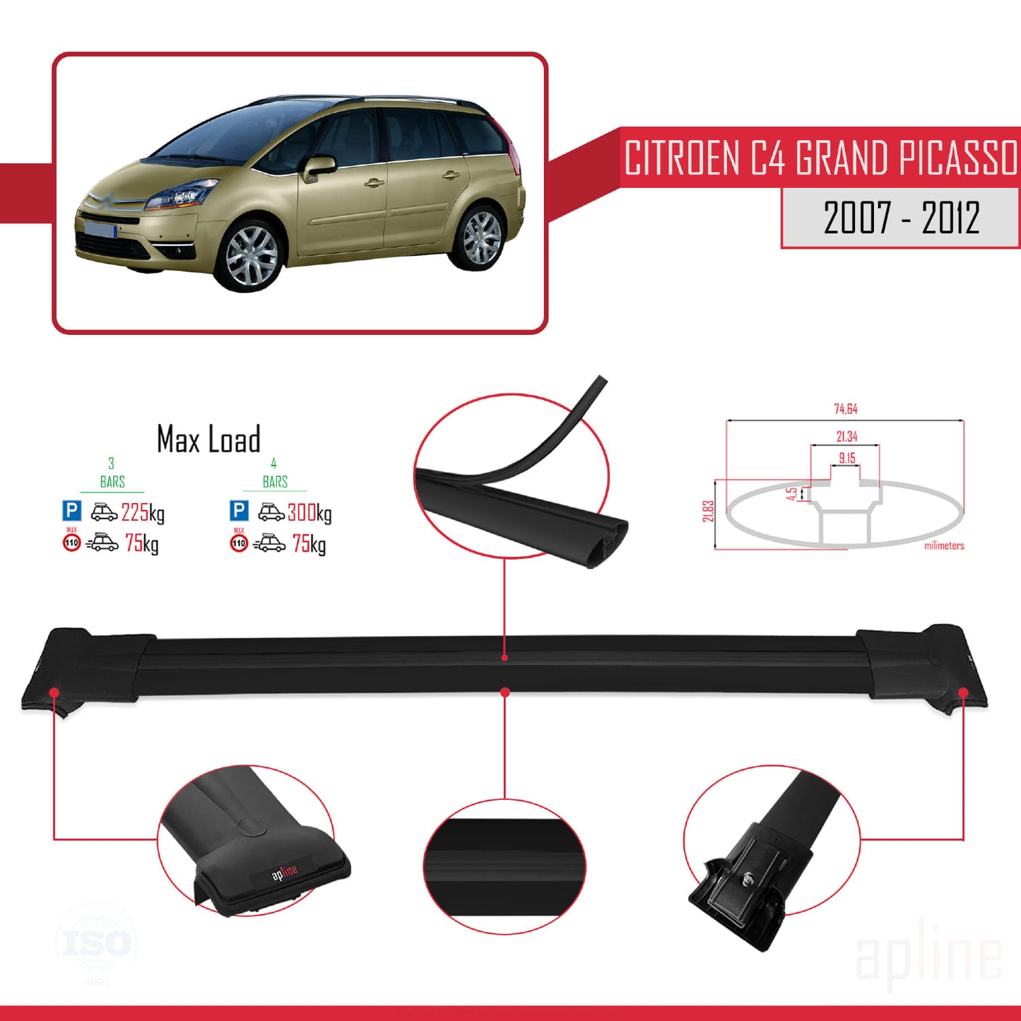 Compatibile con Citroen Grand C4 Picasso 2007-2012 modello FLY Barre portatutto per auto Portapacchi in alluminio nero 3 barre