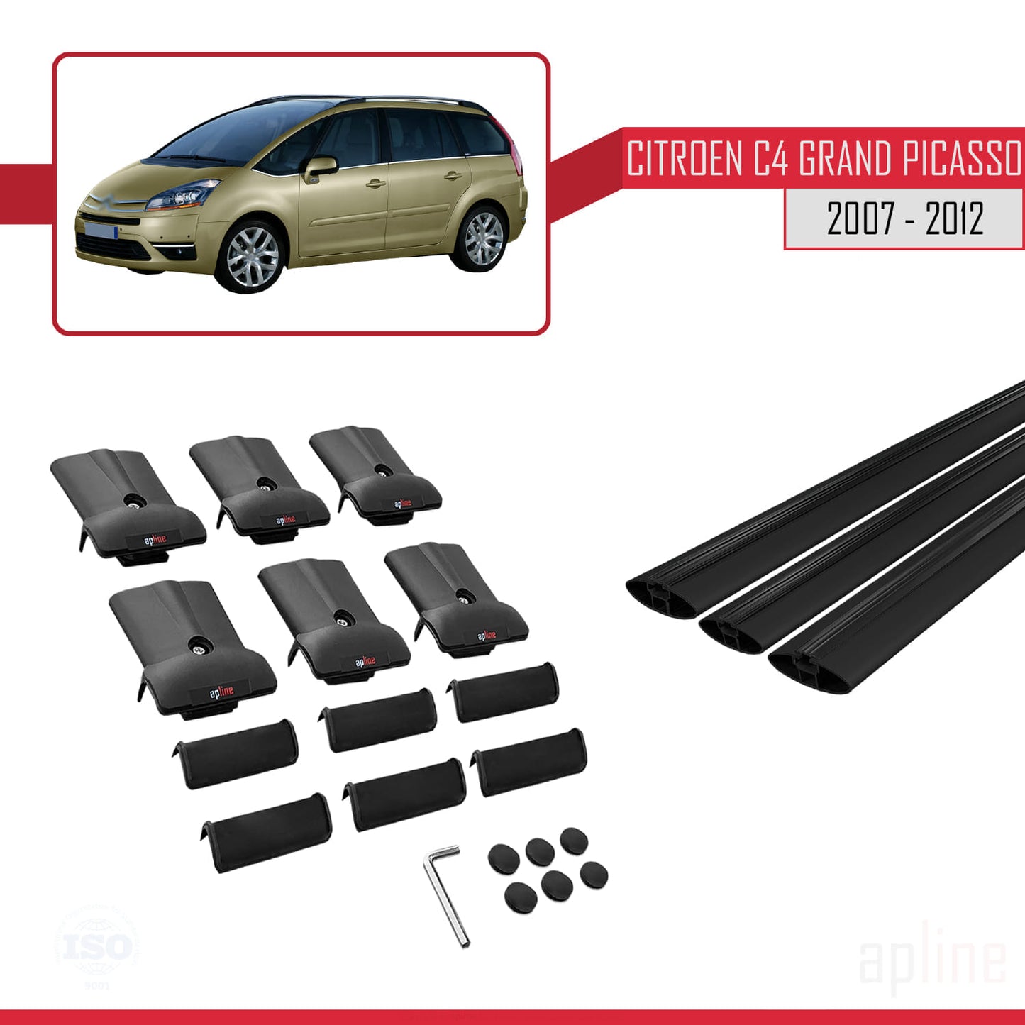 Compatibile con Citroen Grand C4 Picasso 2007-2012 modello FLY Barre portatutto per auto Portapacchi in alluminio nero 3 barre
