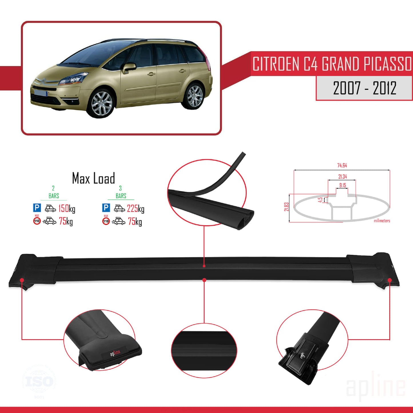 Compatibile con Citroen Grand C4 Picasso 2007-2012 modello FLY Barre portatutto per auto Portapacchi in alluminio nero 2 barre