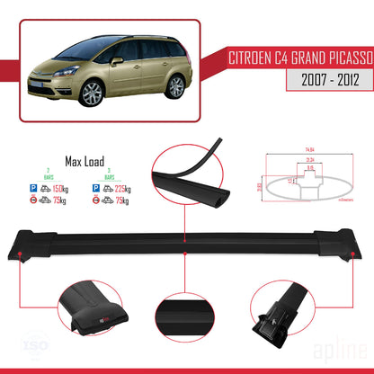 Compatibile con Citroen Grand C4 Picasso 2007-2012 modello FLY Barre portatutto per auto Portapacchi in alluminio nero 2 barre