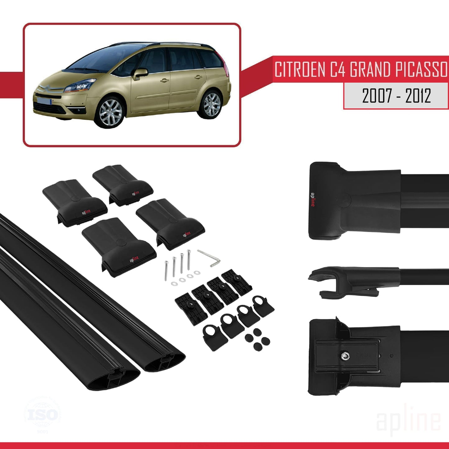 Compatibile con Citroen Grand C4 Picasso 2007-2012 modello FLY Barre portatutto per auto Portapacchi in alluminio nero 2 barre