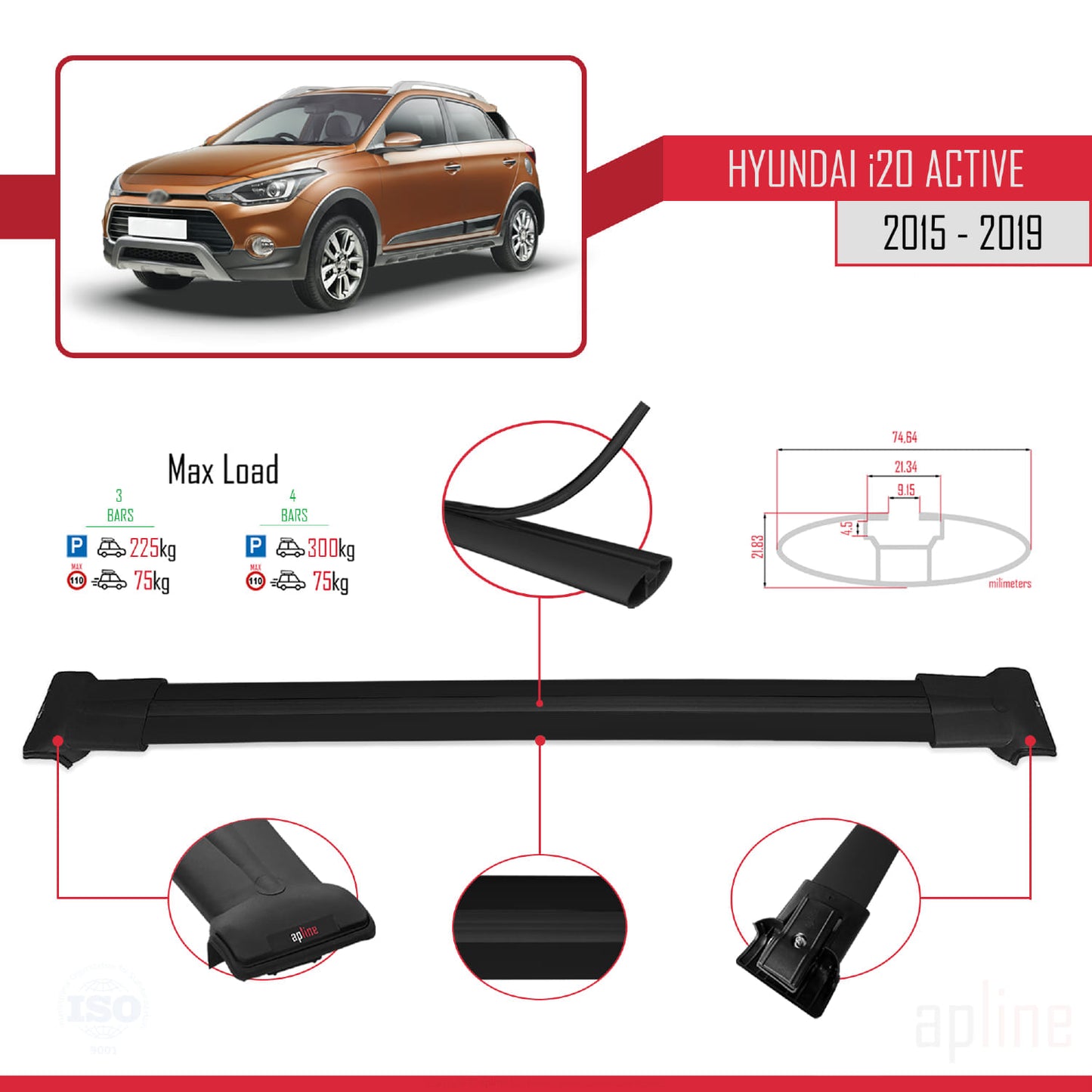 Compatibile con Hyundai i20 II Active 2015-2019 modello FLY Barre portatutto per auto Portapacchi in alluminio nero 3 barre