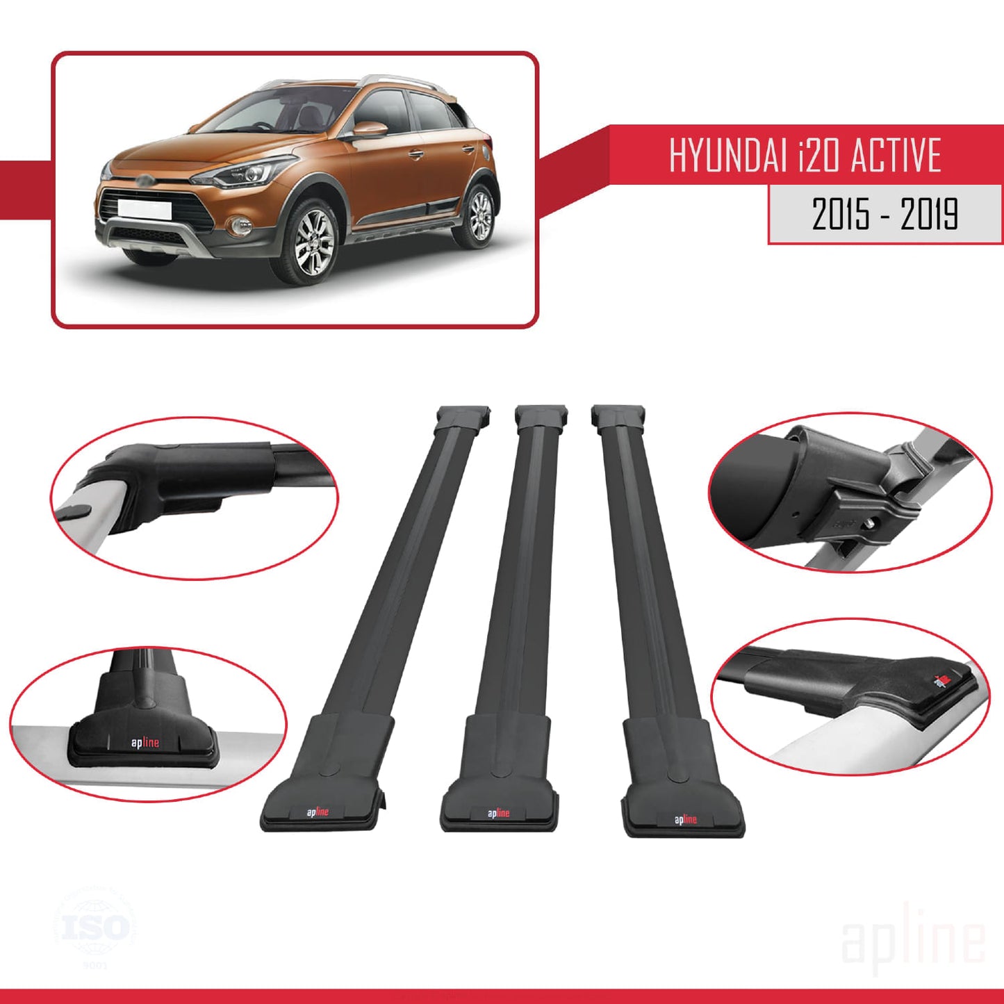 Compatibile con Hyundai i20 II Active 2015-2019 modello FLY Barre portatutto per auto Portapacchi in alluminio nero 3 barre