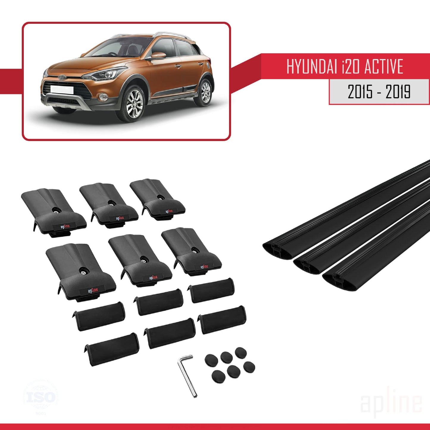 Compatibile con Hyundai i20 II Active 2015-2019 modello FLY Barre portatutto per auto Portapacchi in alluminio nero 3 barre