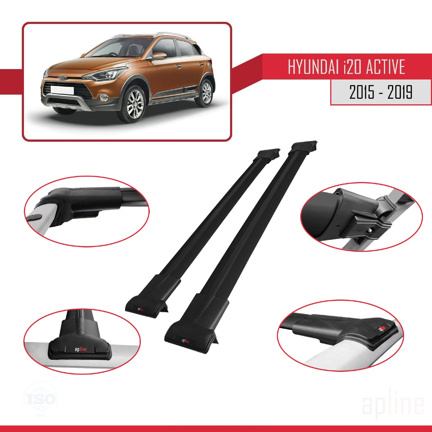 Compatibile con Hyundai i20 II Active 2015-2019 modello FLY Barre portatutto per auto Portapacchi in alluminio nero 2 barre