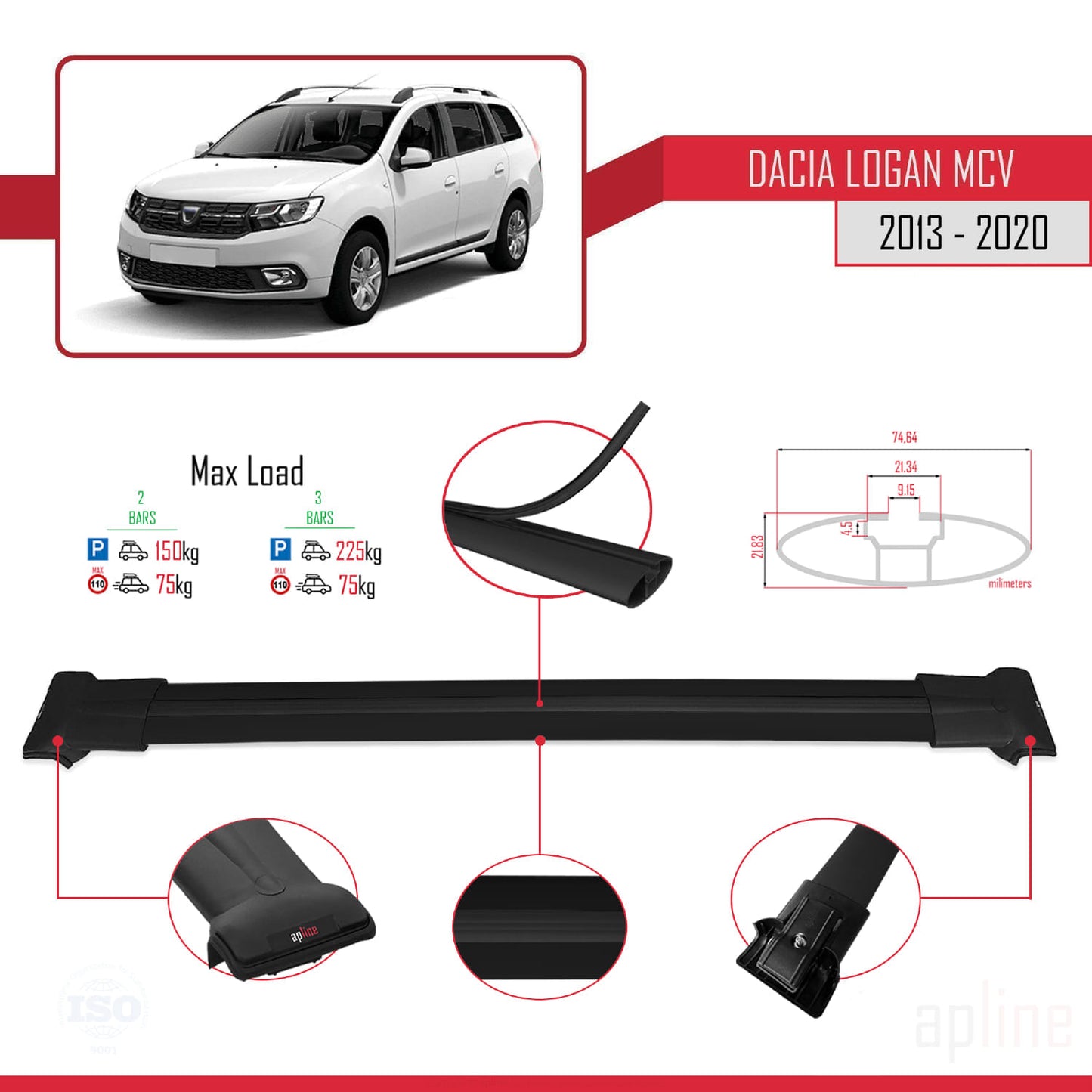Compatibile con Dacia Logan 2 MCV (K52) 2013-2020 modello FLY Barre portatutto per auto Portapacchi in alluminio nero 2 barre