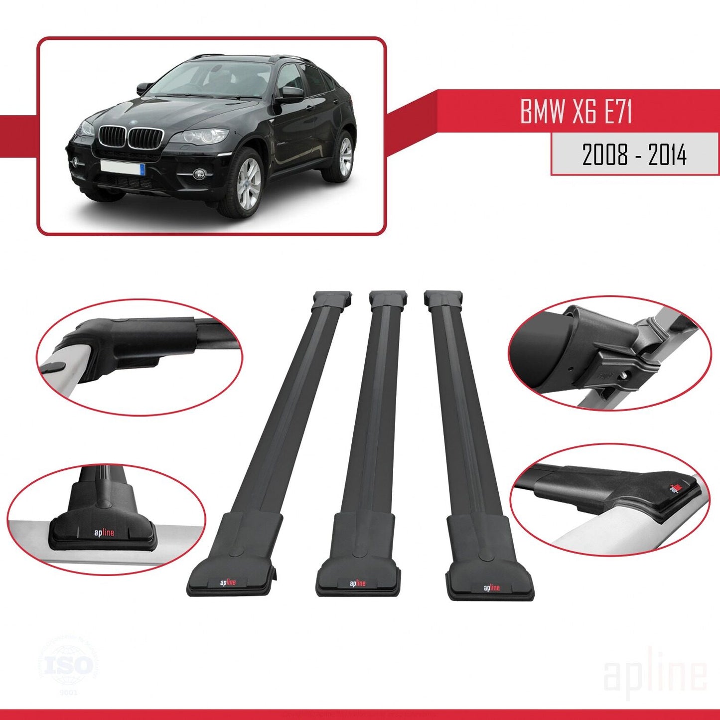 Compatibile con BMW X6 (E71) 2008-2014 modello FLY Barre portatutto per auto Portapacchi in alluminio nero 3 barre