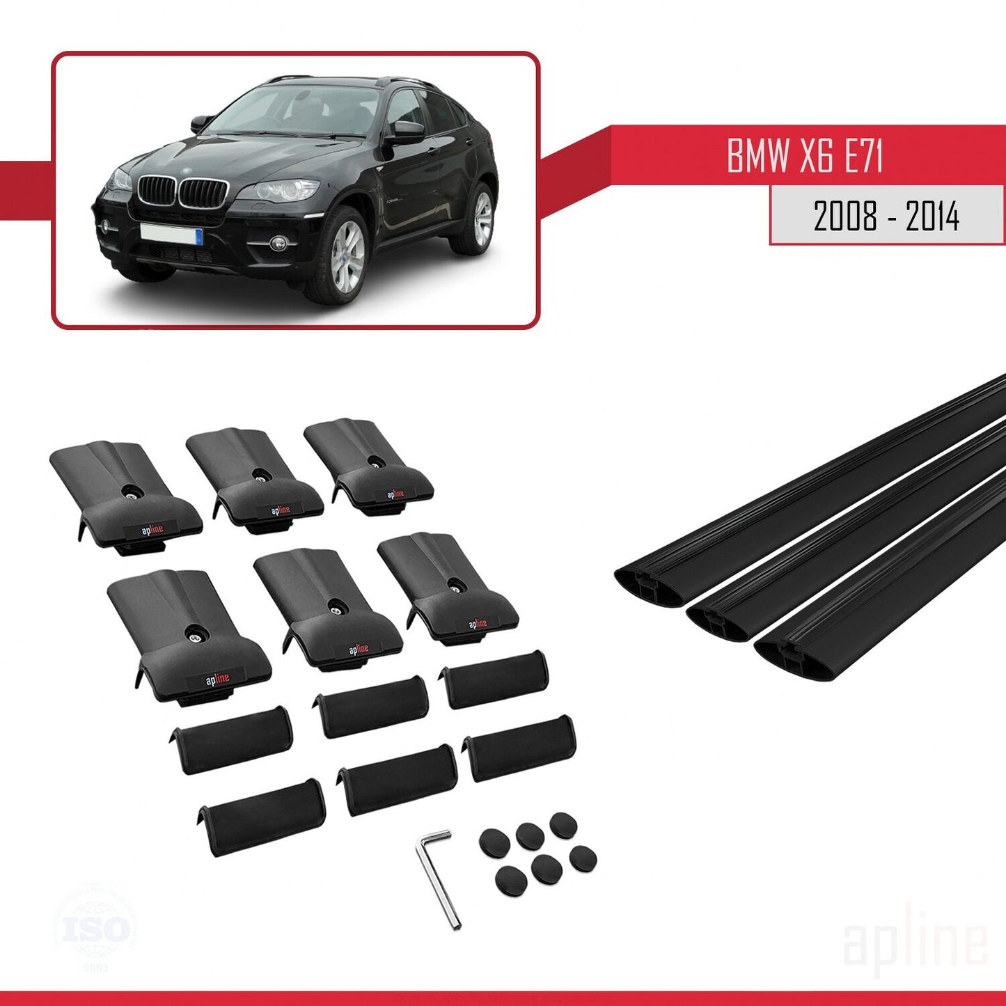 Compatibile con BMW X6 (E71) 2008-2014 modello FLY Barre portatutto per auto Portapacchi in alluminio nero 3 barre