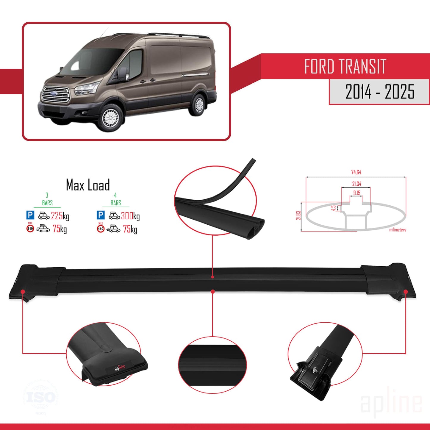 Compatibile con Ford Transit 2014-2025 modello FLY Barre portatutto per auto Portapacchi in alluminio nero 3 barre