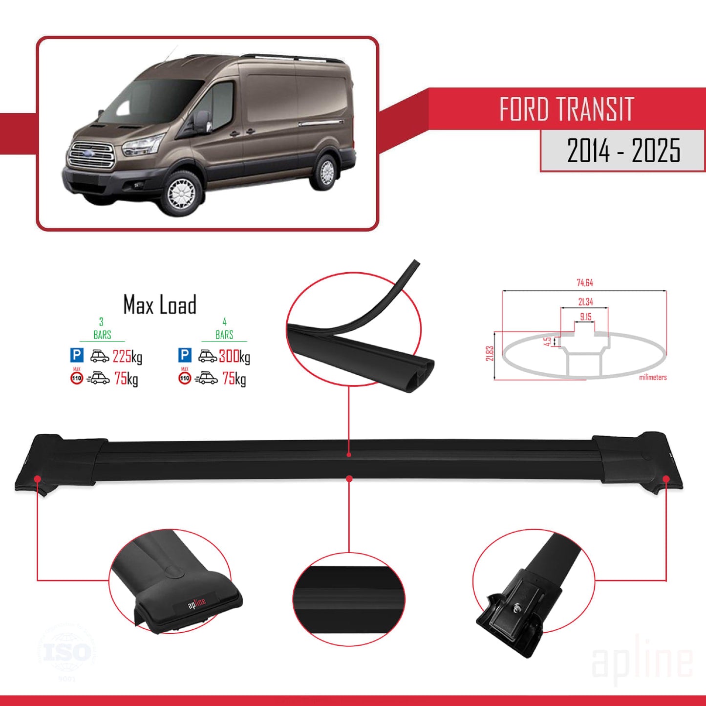 Compatibile con Ford Transit 2014-2025 modello FLY Barre portatutto per auto Portapacchi in alluminio nero 4 barre