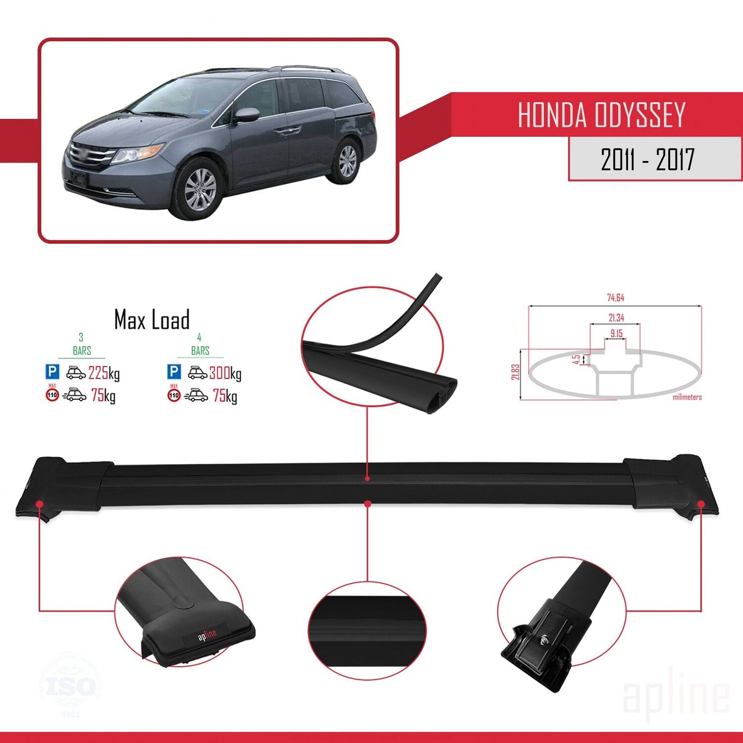 Compatibile con Honda Odyssey 2011-2017 modello FLY Barre portatutto per auto Portapacchi in alluminio nero 3 barre