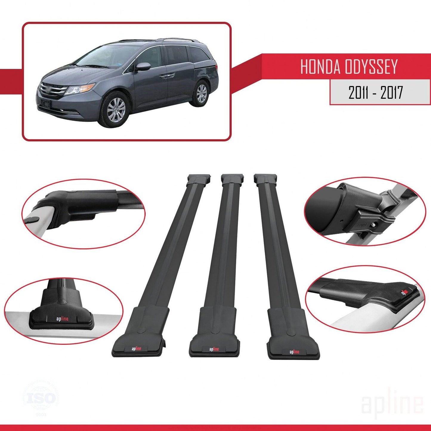 Compatibile con Honda Odyssey 2011-2017 modello FLY Barre portatutto per auto Portapacchi in alluminio nero 3 barre