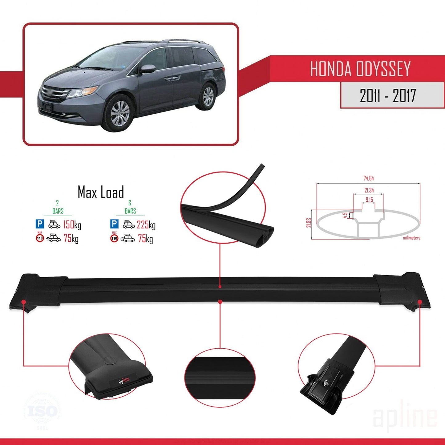 Compatibile con Honda Odyssey 2011-2017 modello FLY Barre portatutto per auto Portapacchi in alluminio nero 2 barre