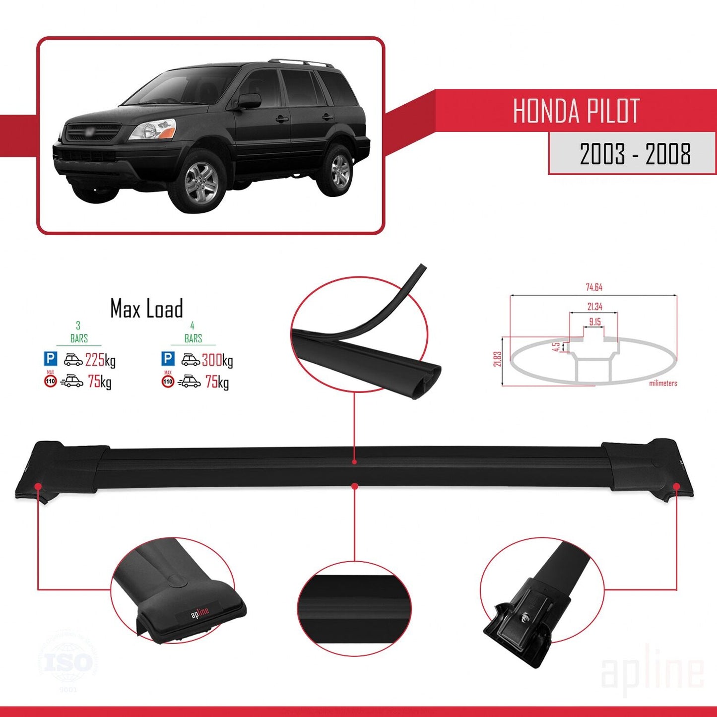 Compatibile con Honda Pilot 2003-2008 modello FLY Barre portatutto per auto Portapacchi in alluminio nero 3 barre