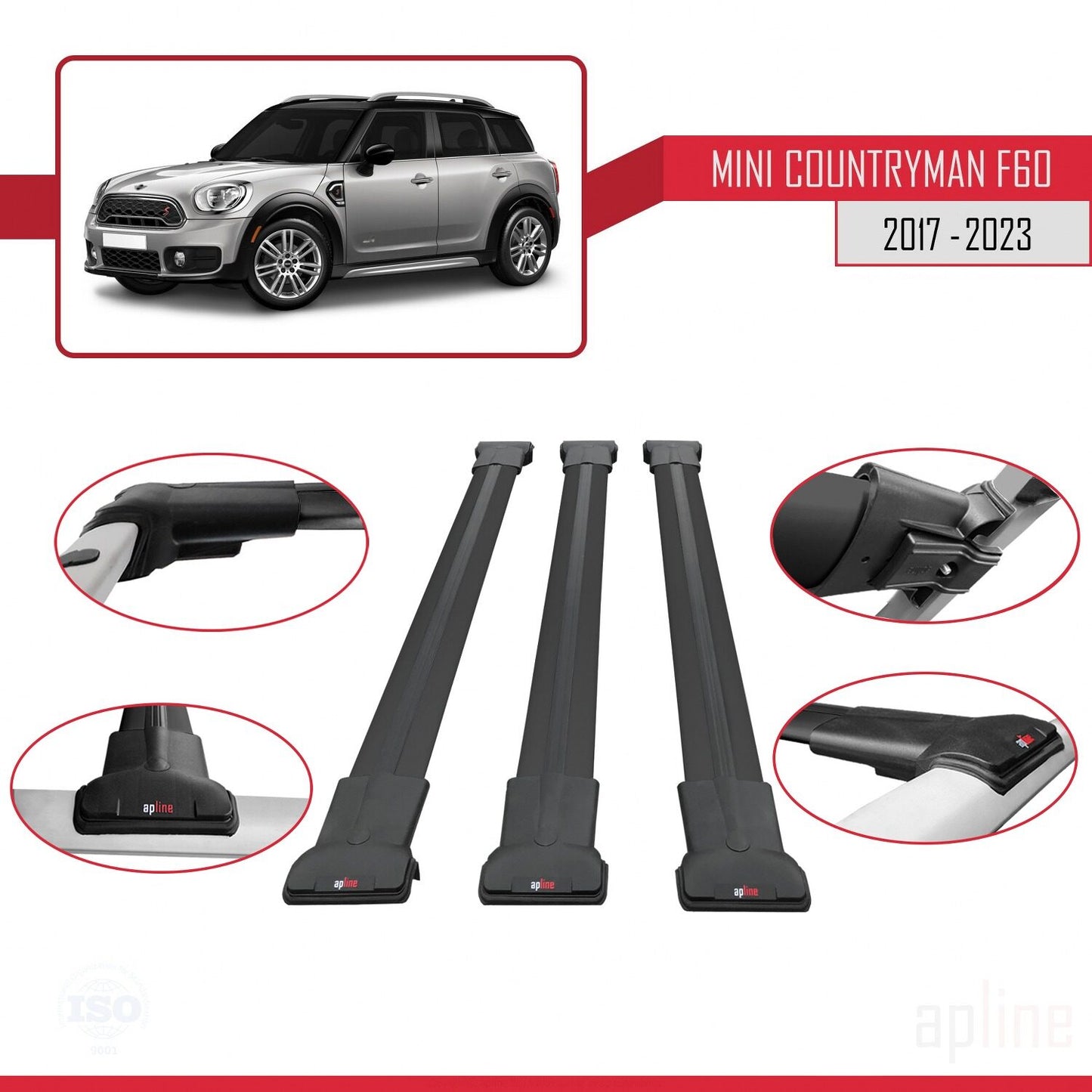 Compatible avec Mini Countryman 2 (F60) 2017-2023 FLY Model Barres de Toit Railing Porte-Bagages de Voiture Noir Aluminium 3 Barres