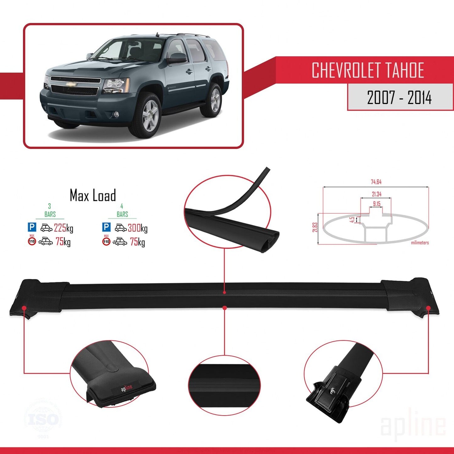 Compatibile con Chevrolet Tahoe 3 2007-2014 modello FLY Barre portatutto per auto Portapacchi in alluminio nero 3 barre