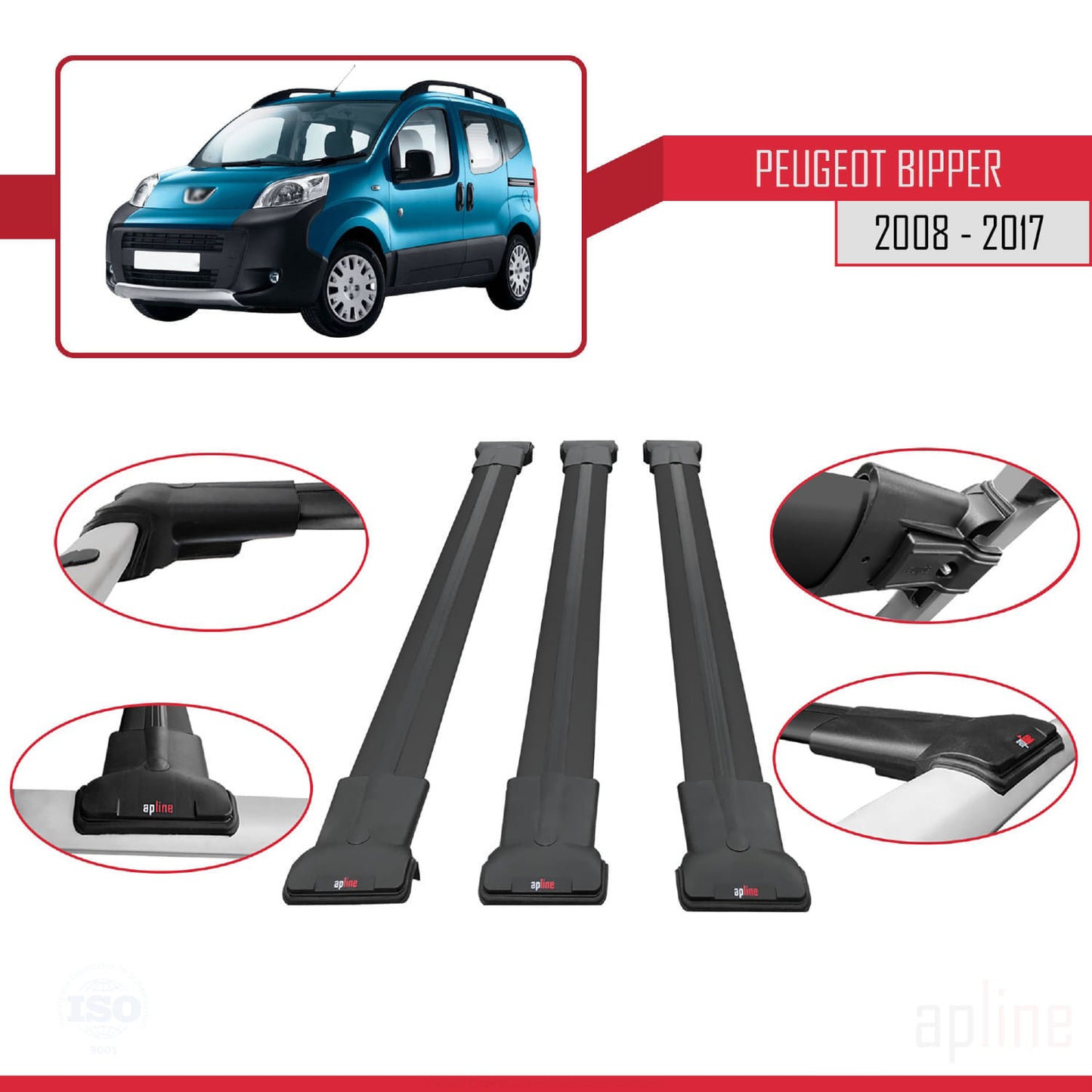 Compatible with Peugeot Bipper 2008-2017 FLY Model Car Roof Rack Cross Bar Black Aluminium 3 Bars
