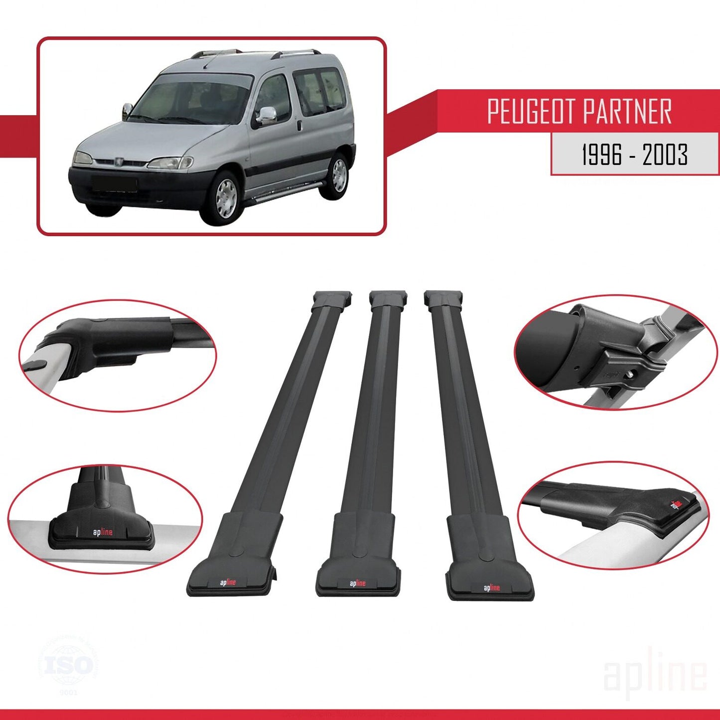 Compatible avec Peugeot Partner Pre-Facelift 1996-2003 FLY Model Barres de Toit Railing Porte-Bagages de Voiture Noir Aluminium 3 Barres