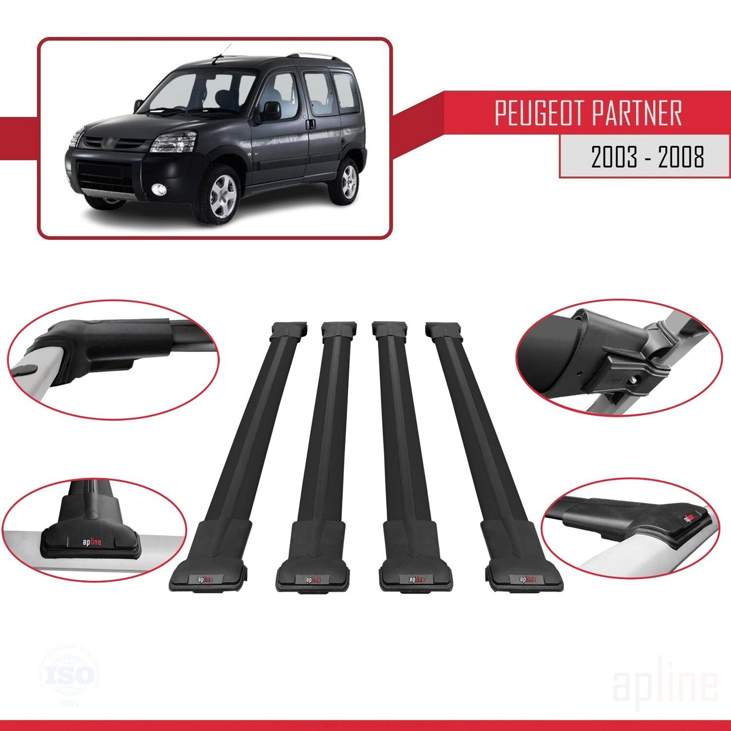Compatible avec Peugeot Partner Post-Facelift 2003-2008 FLY Model Barres de Toit Railing Porte-Bagages de Voiture Noir Aluminium 4 Barres