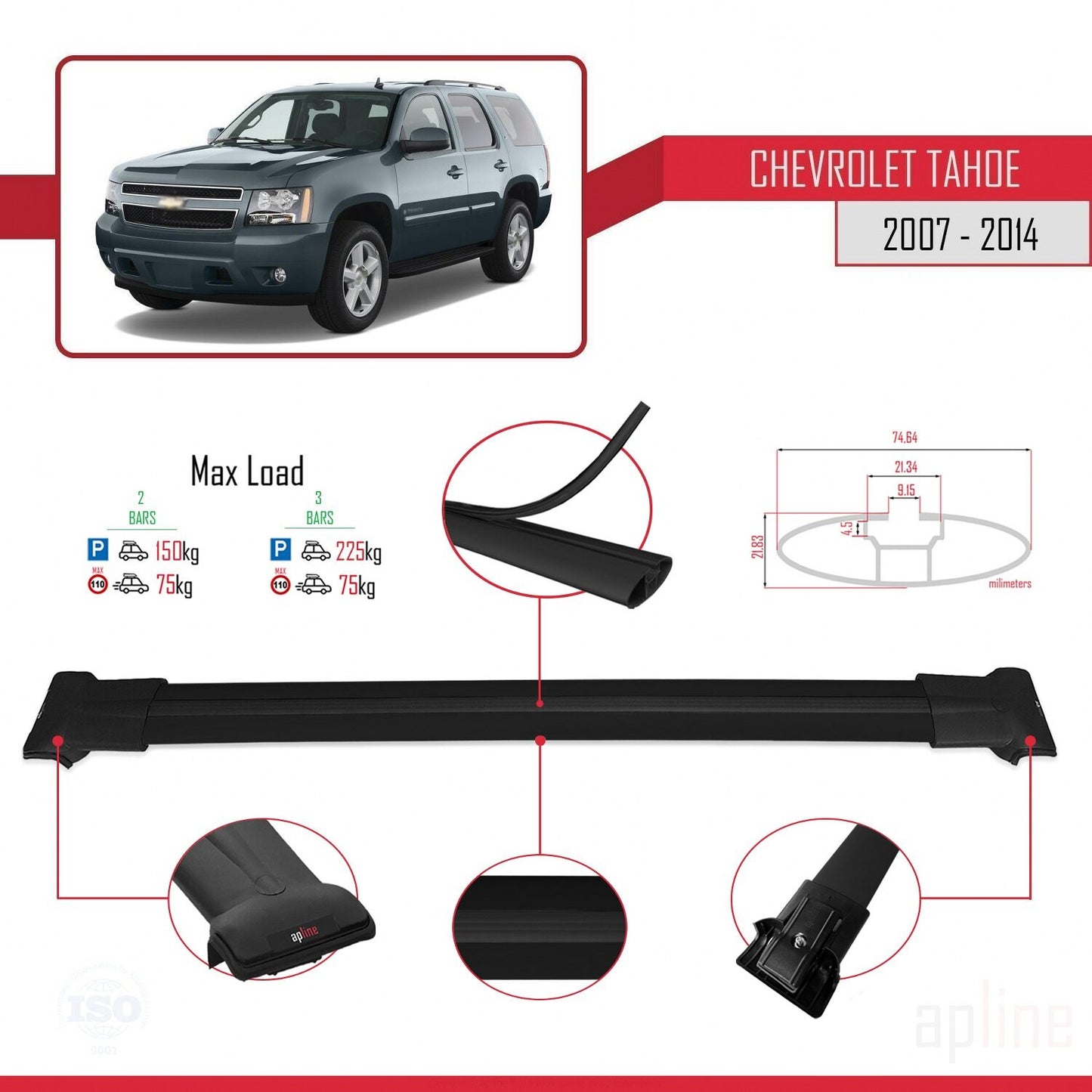 Compatibile con Chevrolet Tahoe 3 2007-2014 modello FLY Barre portatutto per auto Portapacchi in alluminio nero 2 barre