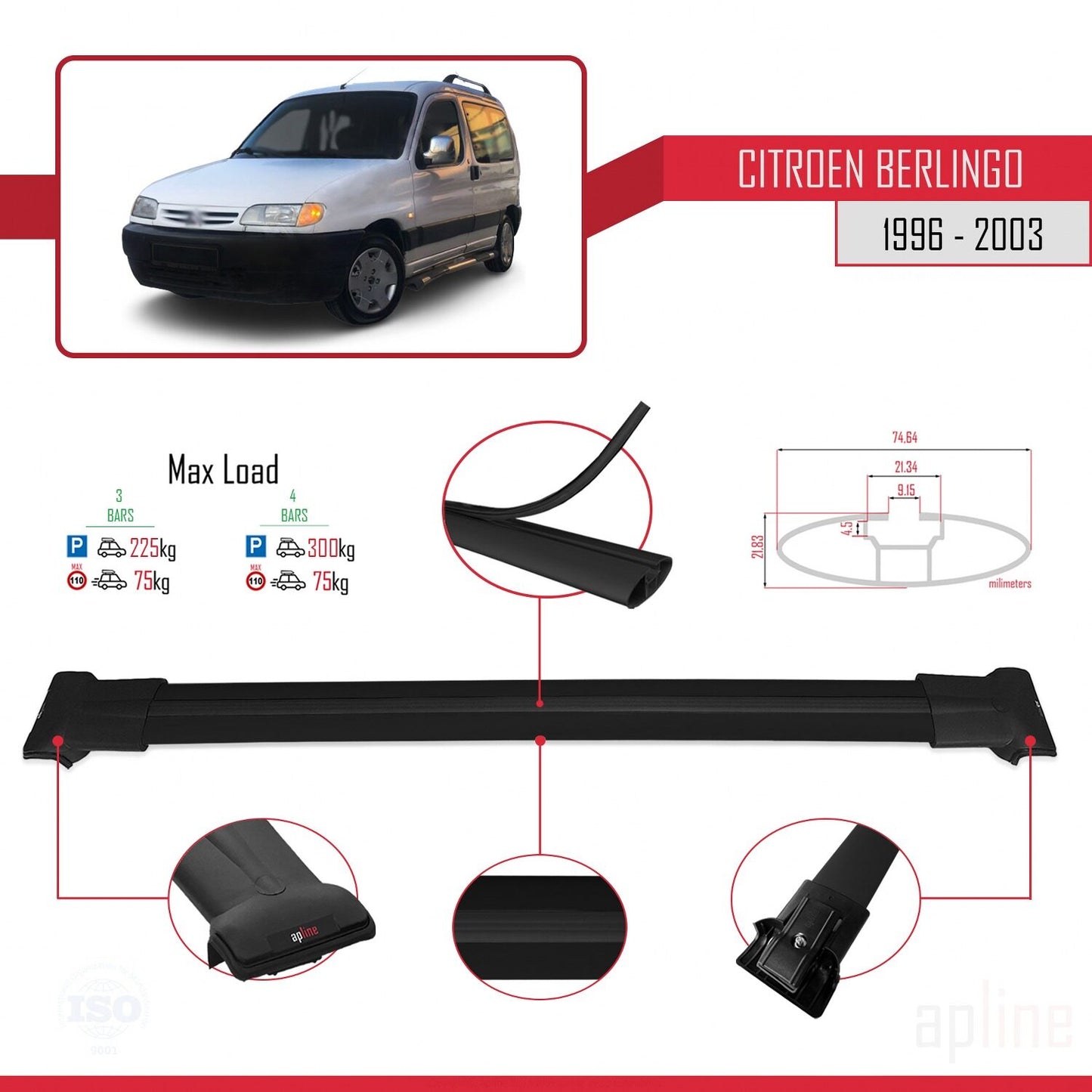 Compatibile con Citroen Berlingo (M49) 1996-2003 modello FLY Barre portatutto per auto Portapacchi in alluminio nero 3 barre