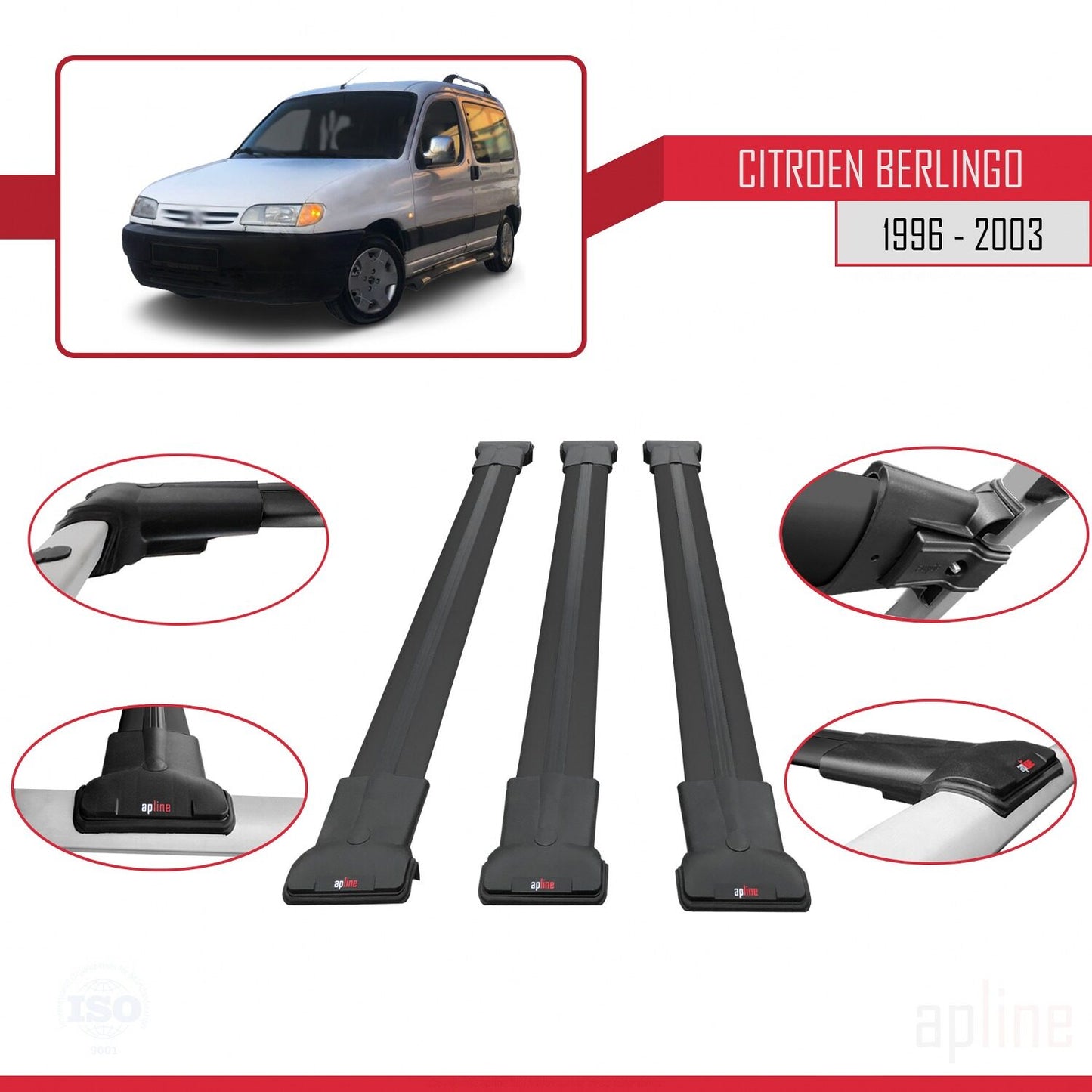 Compatibile con Citroen Berlingo (M49) 1996-2003 modello FLY Barre portatutto per auto Portapacchi in alluminio nero 3 barre