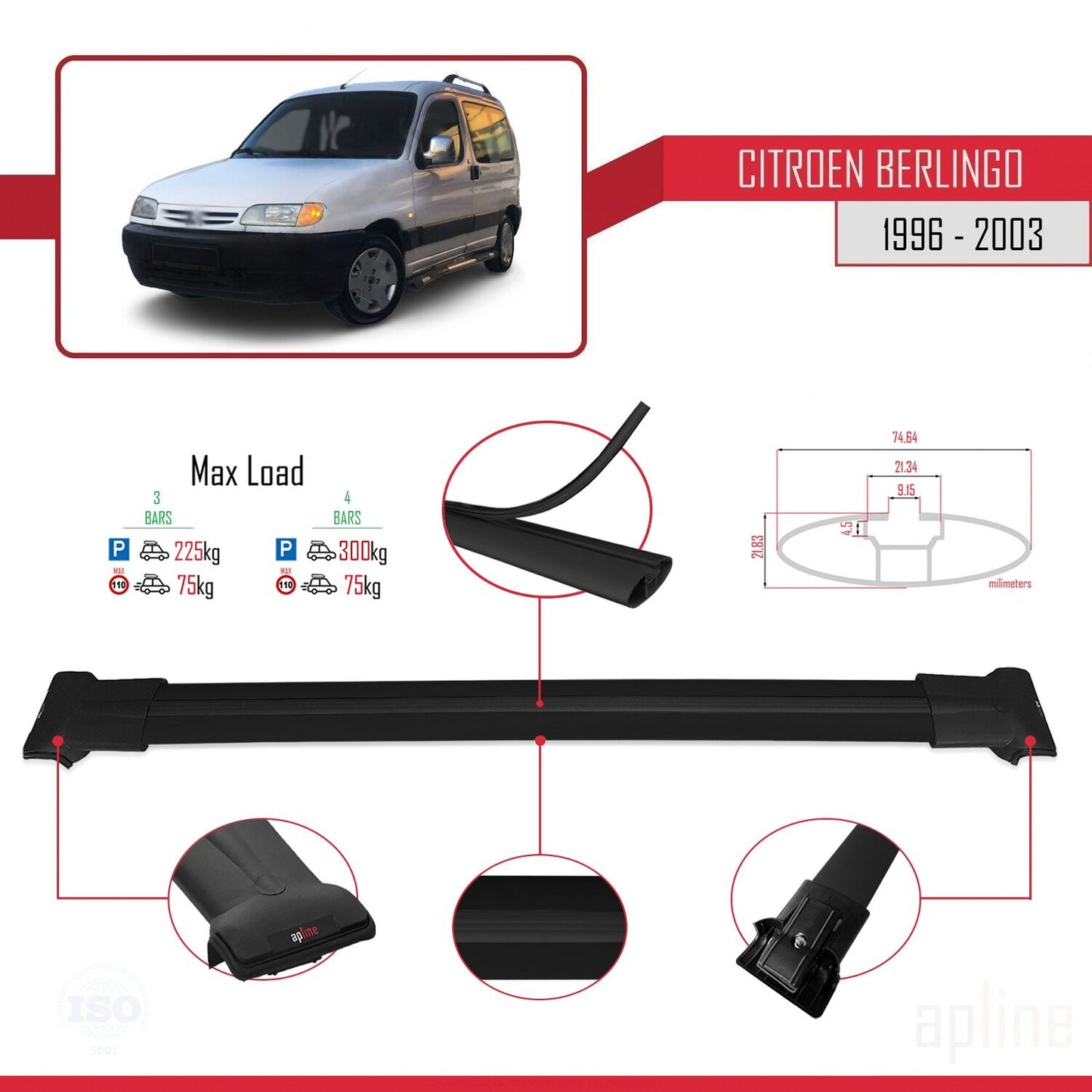 Compatibile con Citroen Berlingo (M49) 1996-2003 modello FLY Barre portatutto per auto Portapacchi in alluminio nero 4 barre