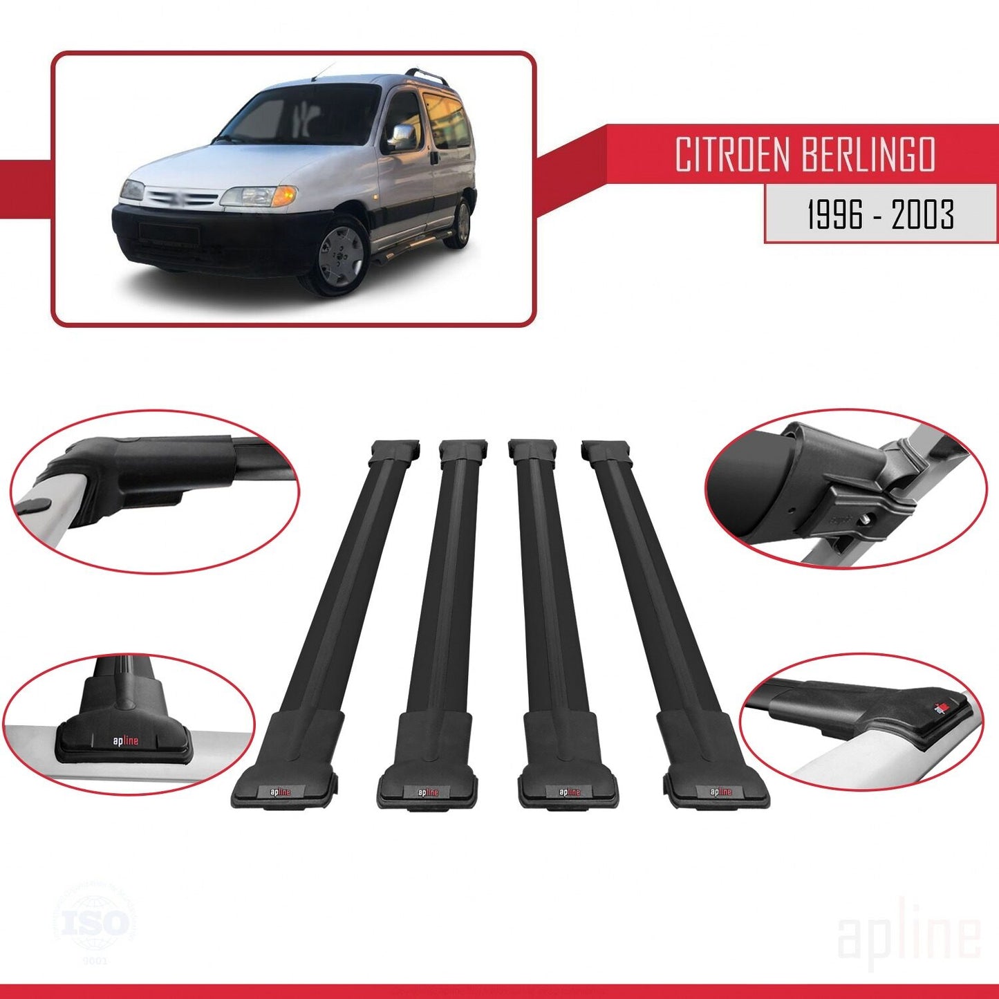 Compatibile con Citroen Berlingo (M49) 1996-2003 modello FLY Barre portatutto per auto Portapacchi in alluminio nero 4 barre