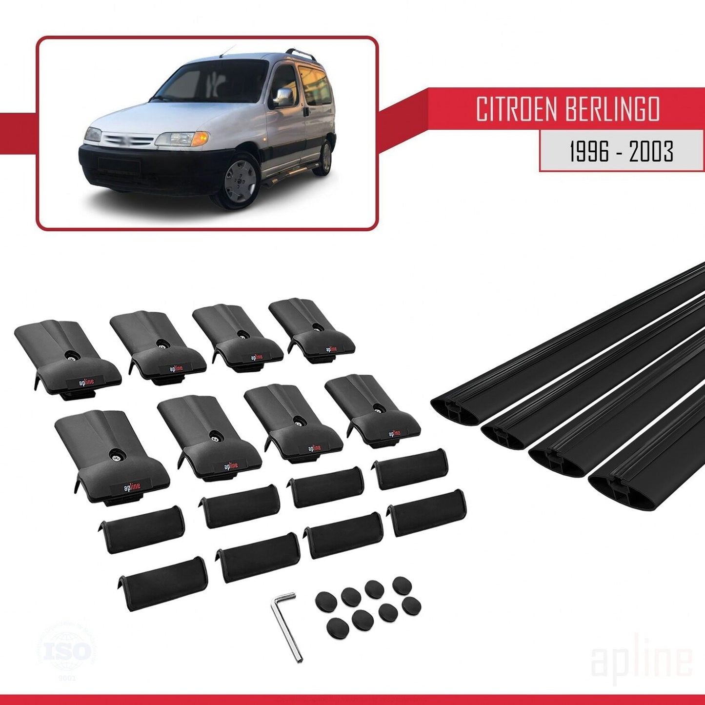 Compatibile con Citroen Berlingo (M49) 1996-2003 modello FLY Barre portatutto per auto Portapacchi in alluminio nero 4 barre