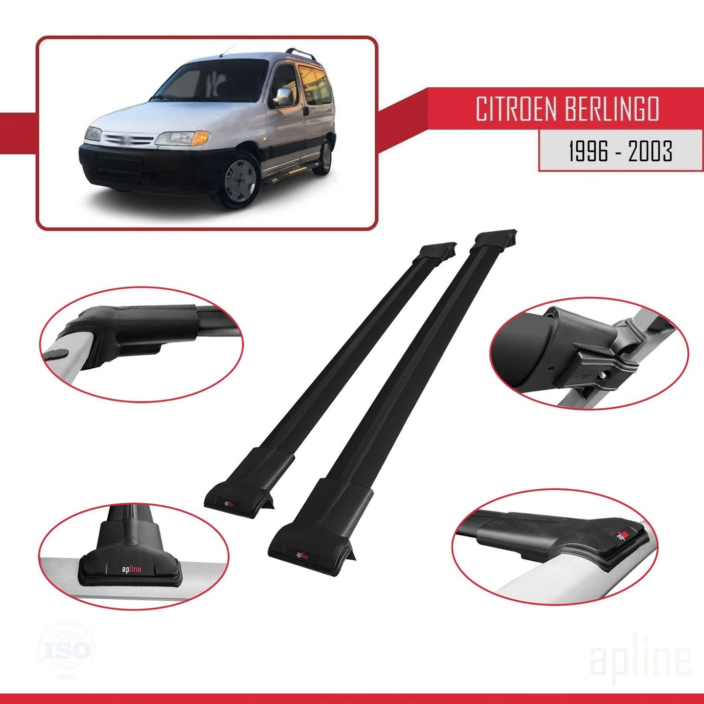 Compatibile con Citroen Berlingo (M49) 1996-2003 modello FLY Barre portatutto per auto Portapacchi in alluminio nero 2 barre