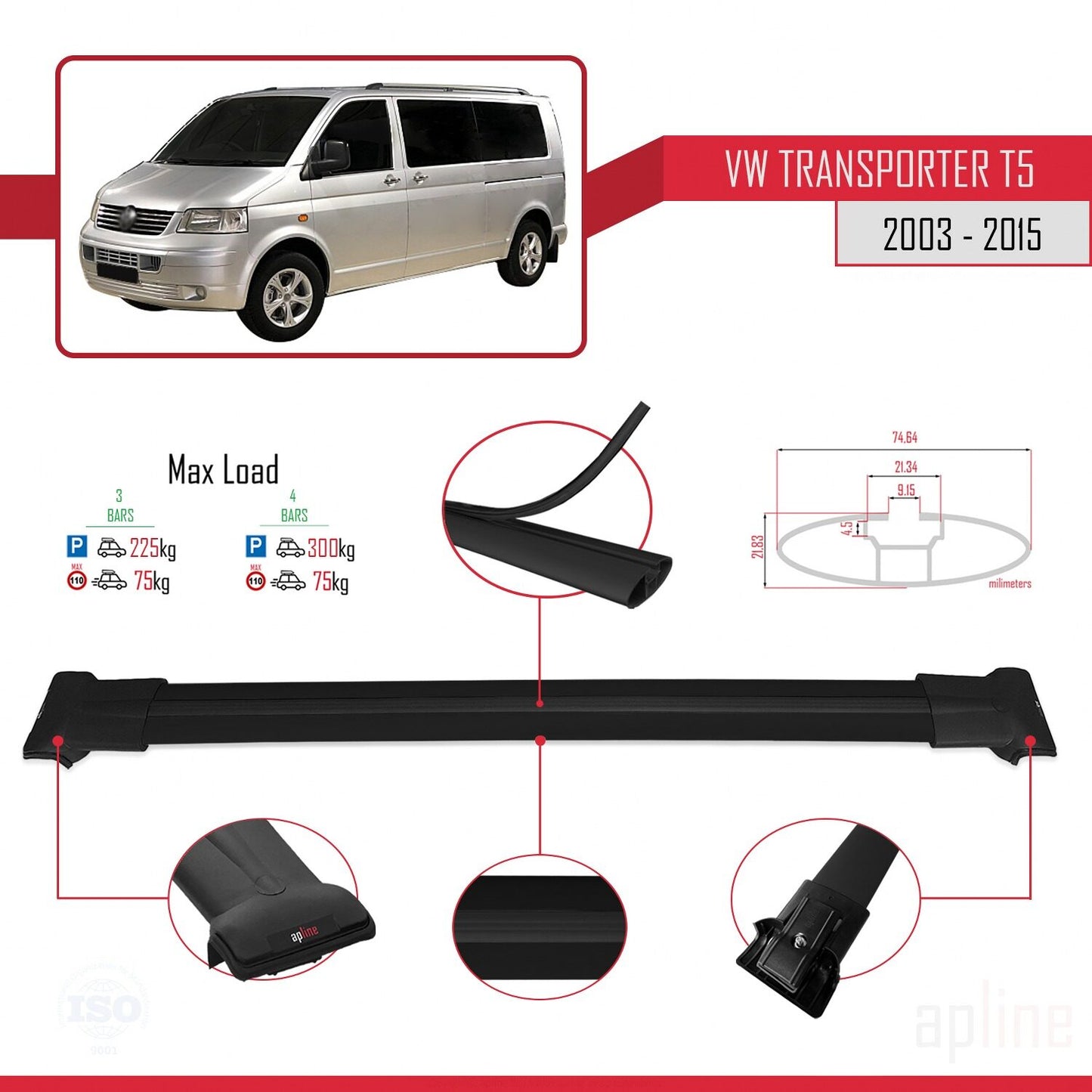 Compatible avec Volkswagen T5 Transporter 2003-2015 FLY Model Barres de Toit Railing Porte-Bagages de Voiture Noir Aluminium 3 Barres