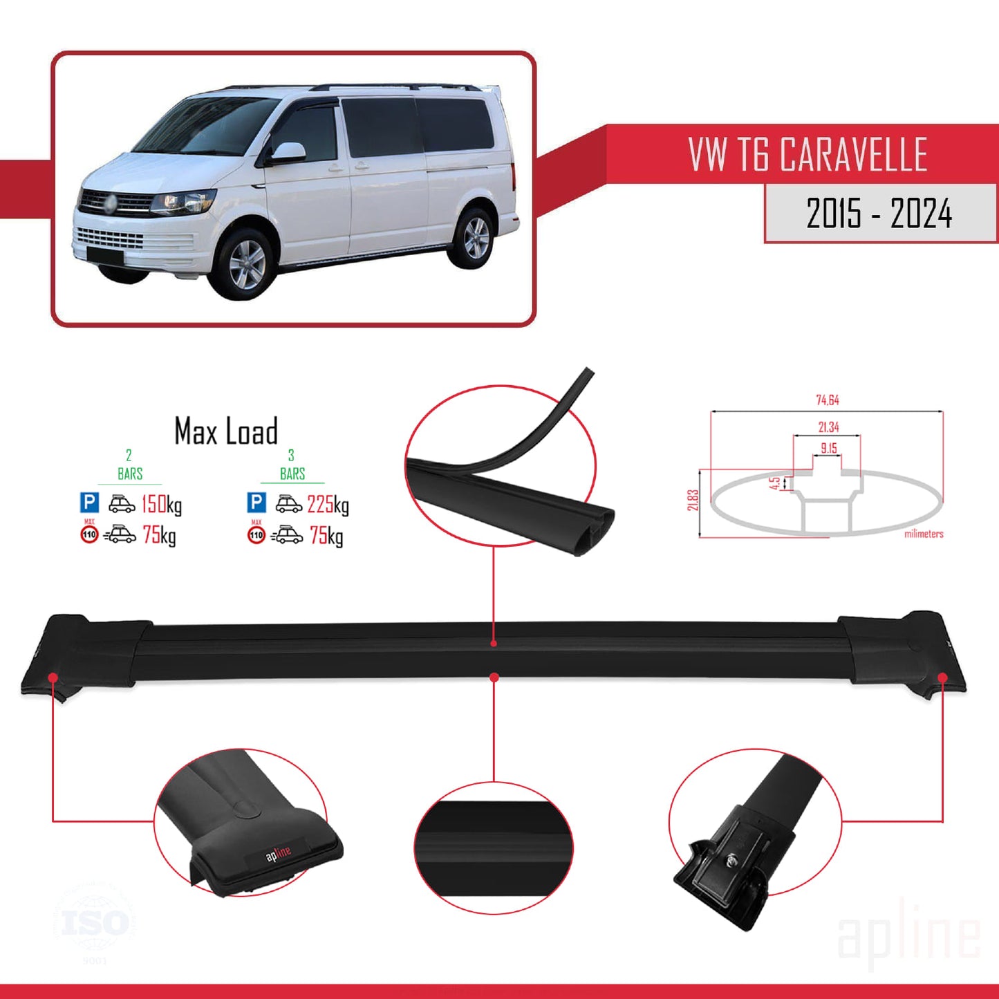 Compatible with Volkswagen T6 Caravelle 2015-2024 FLY Model Car Roof Rack Cross Bar Black Aluminium 2 Bars