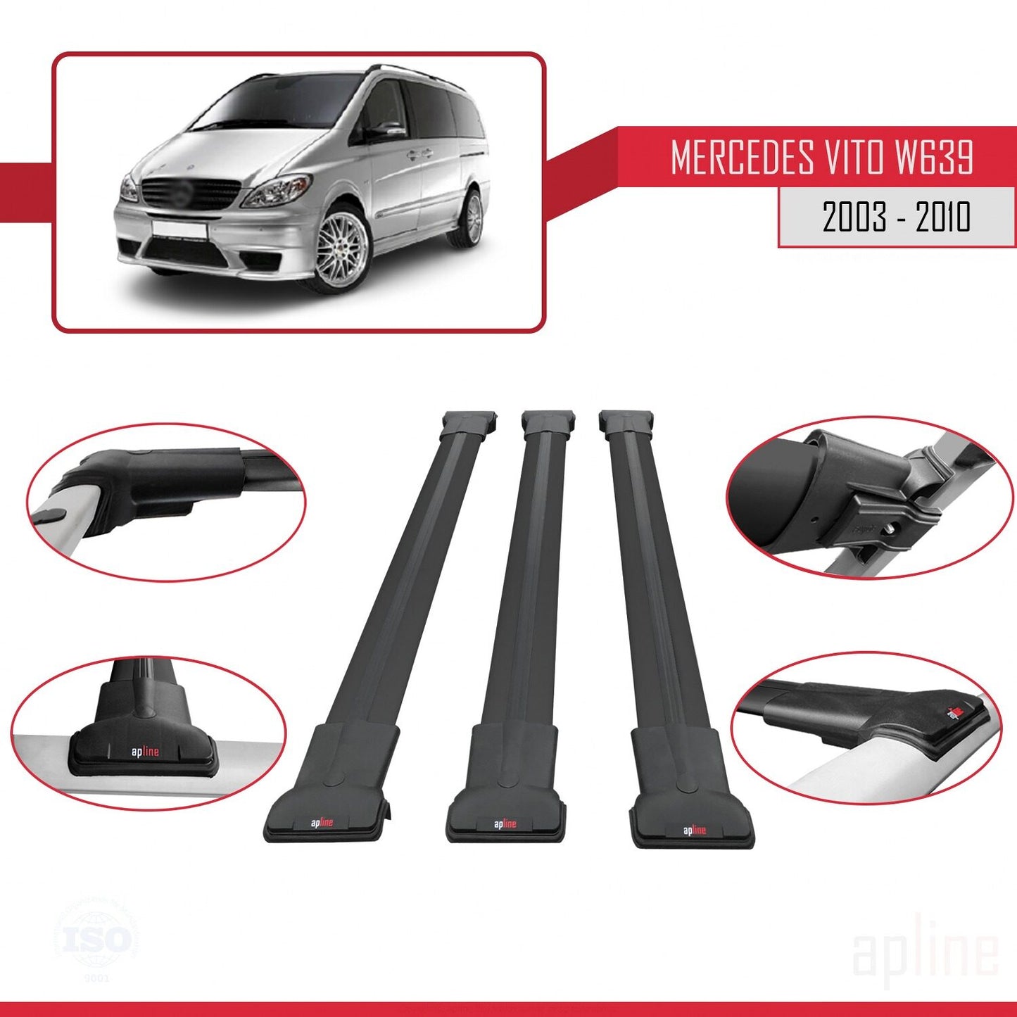 Compatible with Mercedes Vito 2 (W639) Pre-Facelift 2003-2010 FLY Model Car Roof Rack Cross Bar Black Aluminium 3 Bars